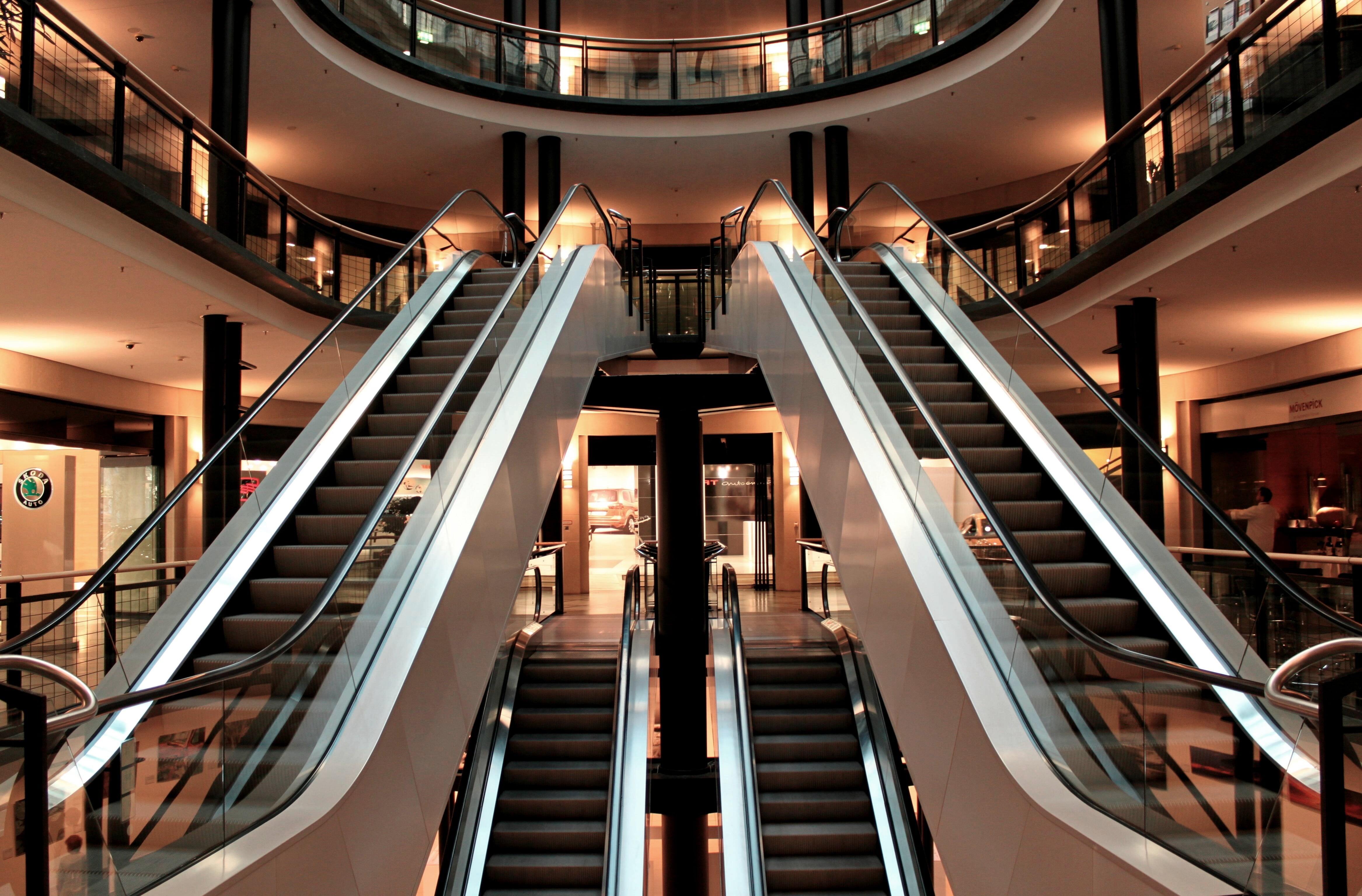 railing, building, stairs, metal, shiny, transportation, germany, indoors, commercial building, escalators, convenience, emergence, built Structure, no people, HD Wallpaper