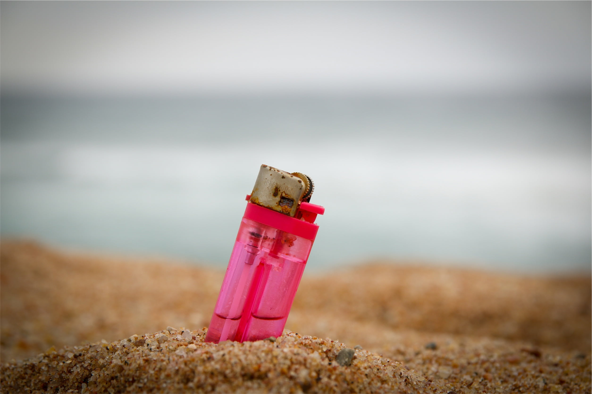 buried, small, nature, outdoors, container, pink, sea, tranquility, selective focus, sky, disposable, horizon, no people, pink color, day, sand, lighter, HD Wallpaper