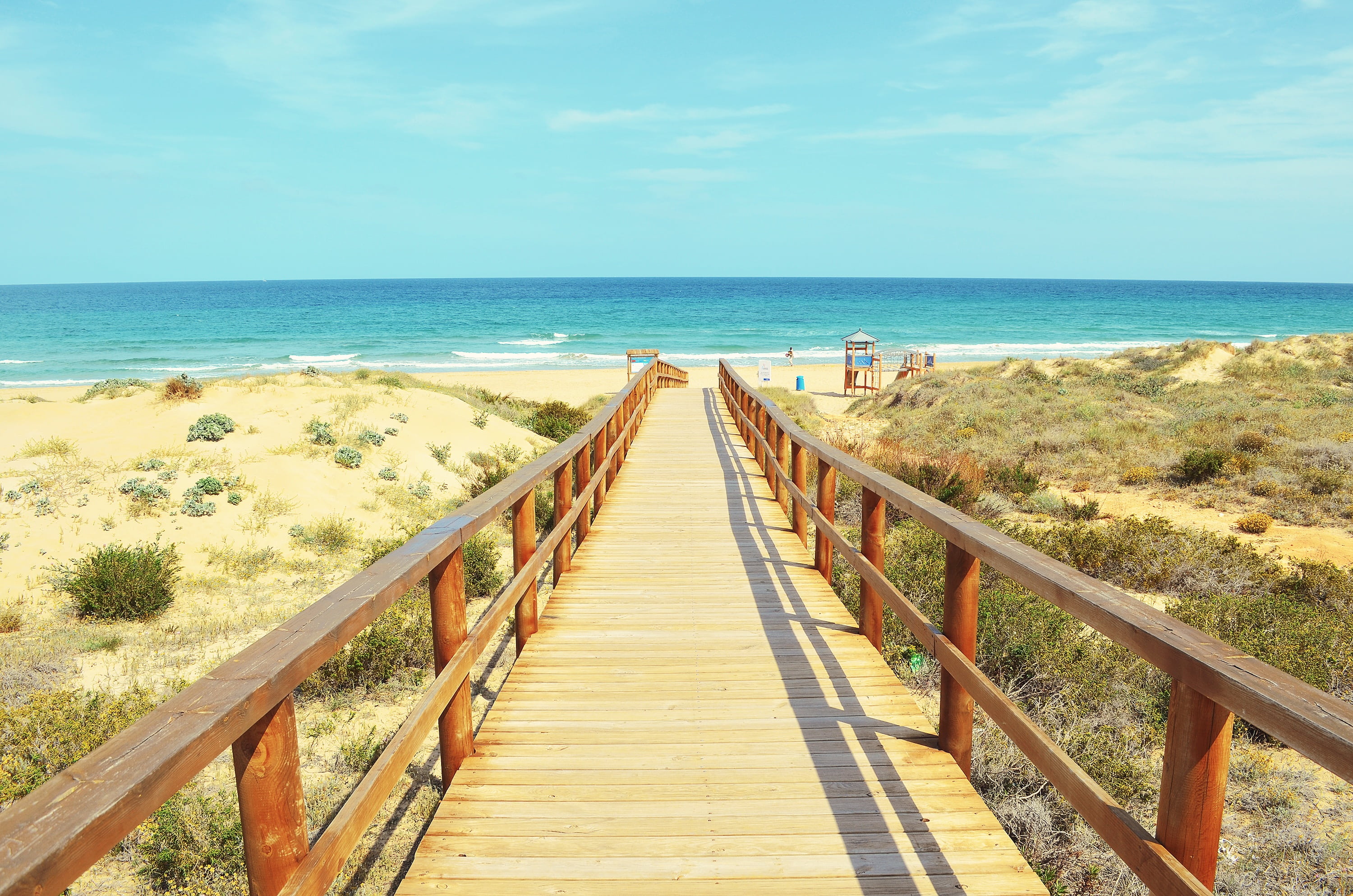 pathway, direction, waves, sand, beach, 2K, wooden, long, coast, land, horizon over water, wood, diminishing perspective, sunny, grass, cottage, scenics - nature, HD Wallpaper