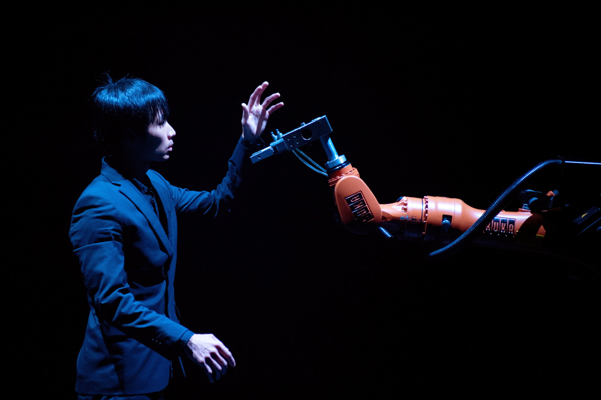 dancer, arts culture and entertainment, togetherness, adult, performance, black background, people, holding, KUKA, studio shot, 1080P, robot, waist up, HD Wallpaper