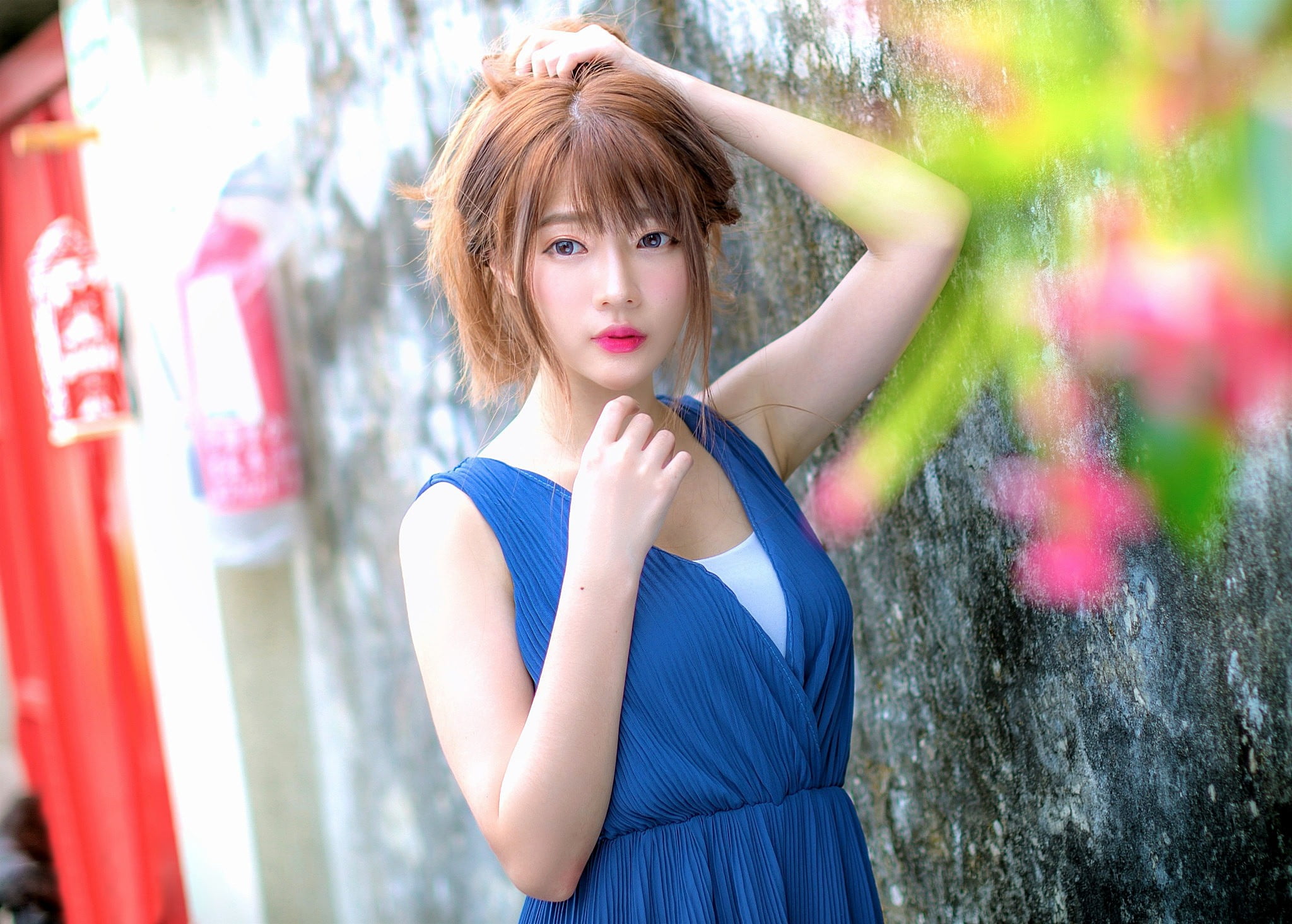 beautiful woman, women outdoors, one person, blue dress, outdoors, women, waist up, young women, contemplation, hair, young adult, redhead, hairstyle, Asian, HD Wallpaper