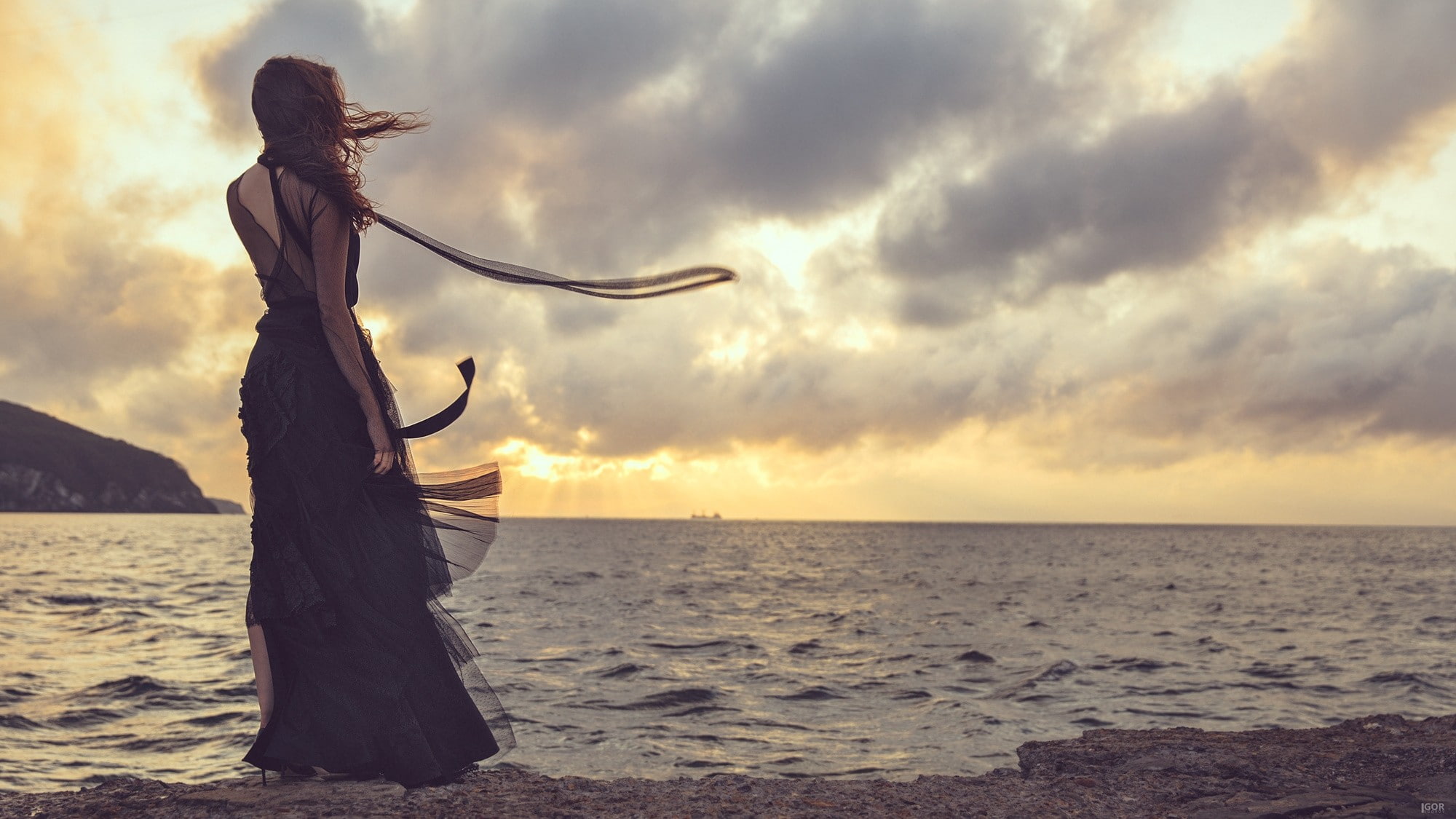 long hair, model, cloud - sky, land, sunset, rear view, nature, women, horizon over water, clouds, 1080P, auburn hair, windy, dress, sea, beauty in nature, HD Wallpaper