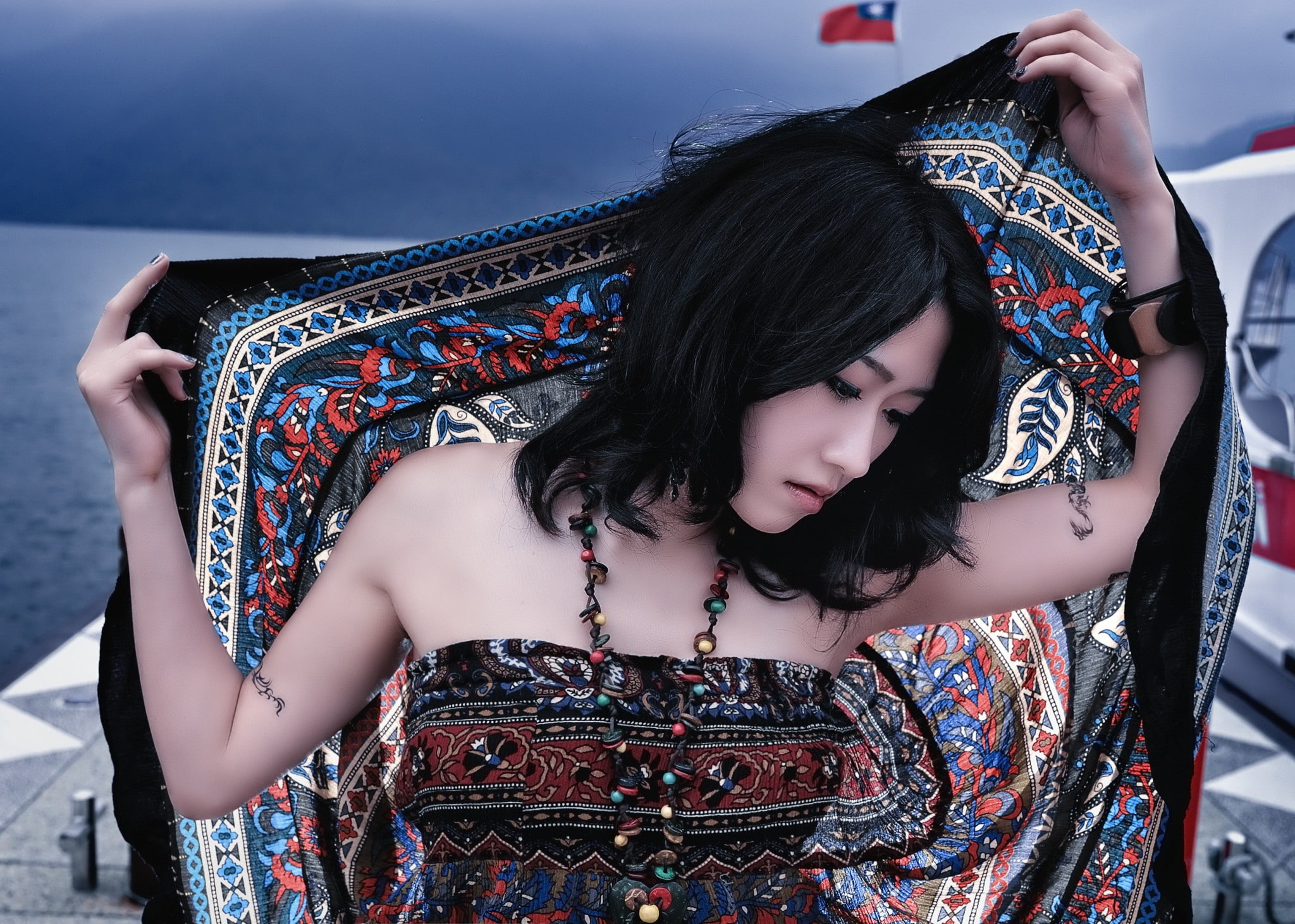 arms up, real people, 1080P, Asian, hairstyle, long hair, brunette, beautiful woman, adult, hair, front view, young adult, looking away, women, black hair, HD Wallpaper