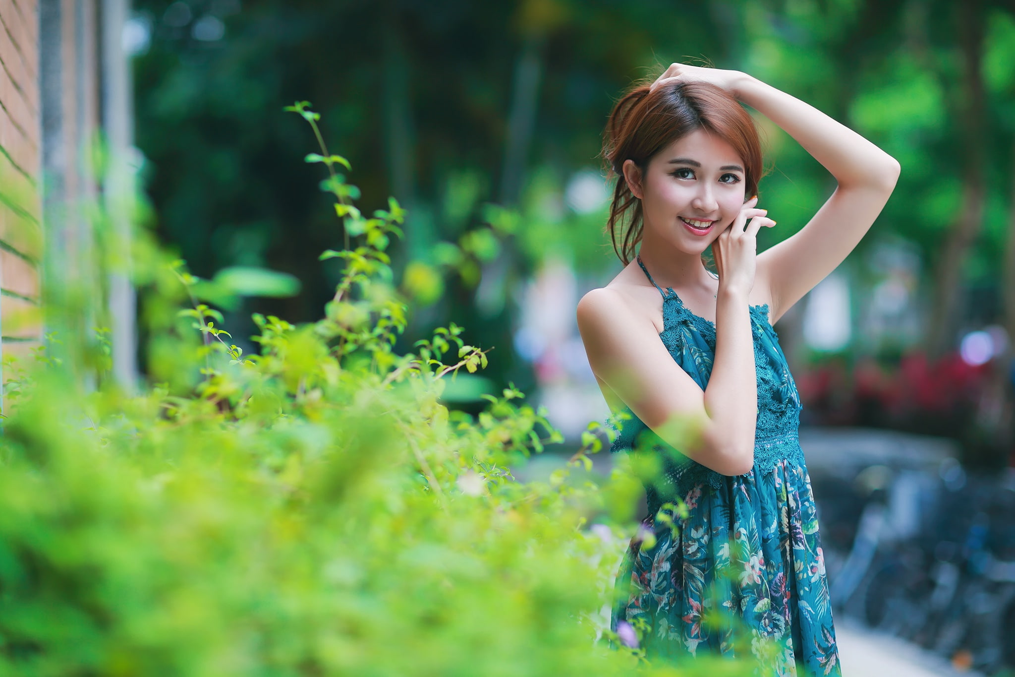 smiling, beautiful woman, young adult, outdoors, arms up, three quarter length, looking at camera, 1080P, hairstyle, women outdoors, one person, beauty, HD Wallpaper