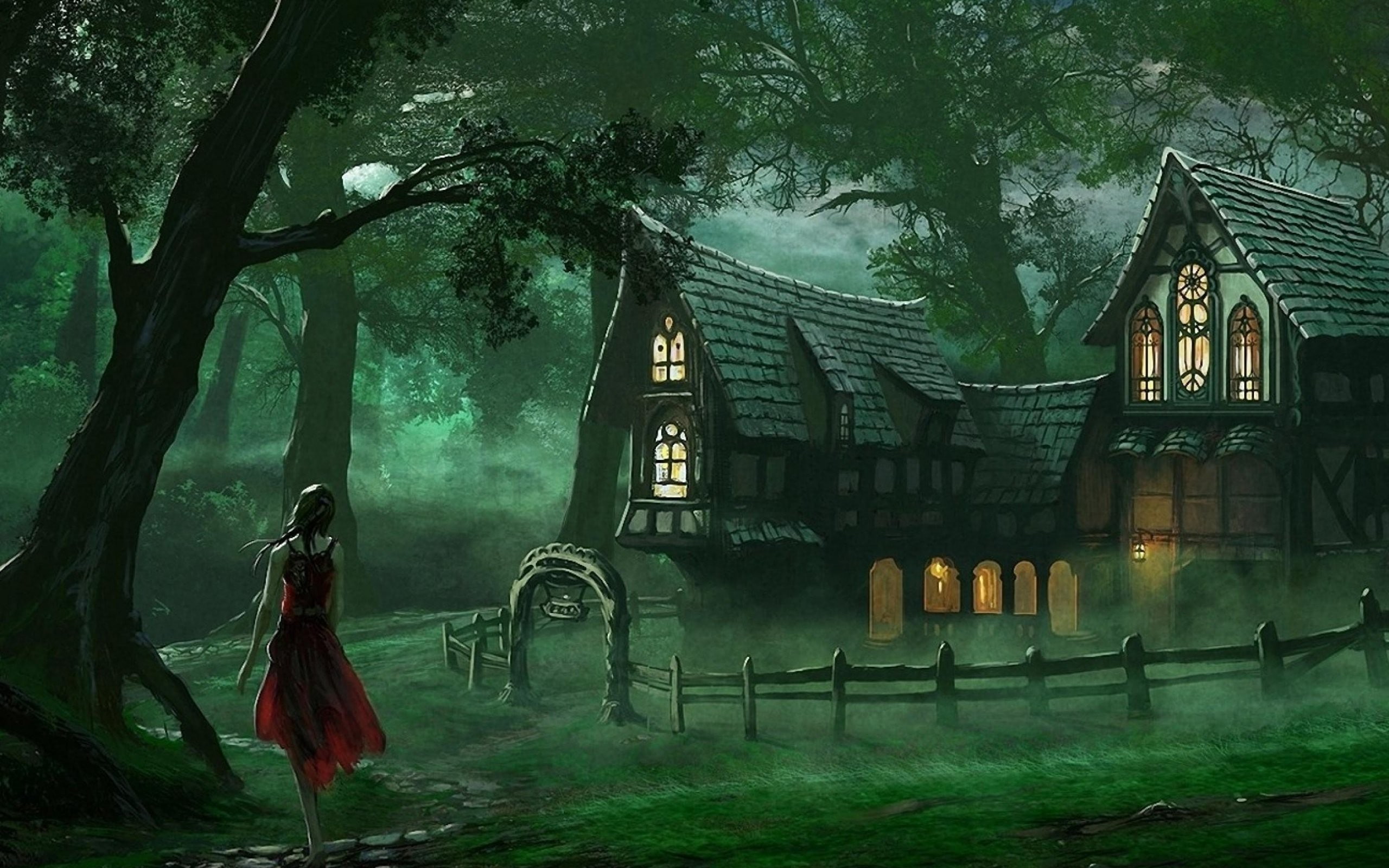 posture, s, women, forest, cabin, red, dress, Girl, tank, 2K, HD Wallpaper