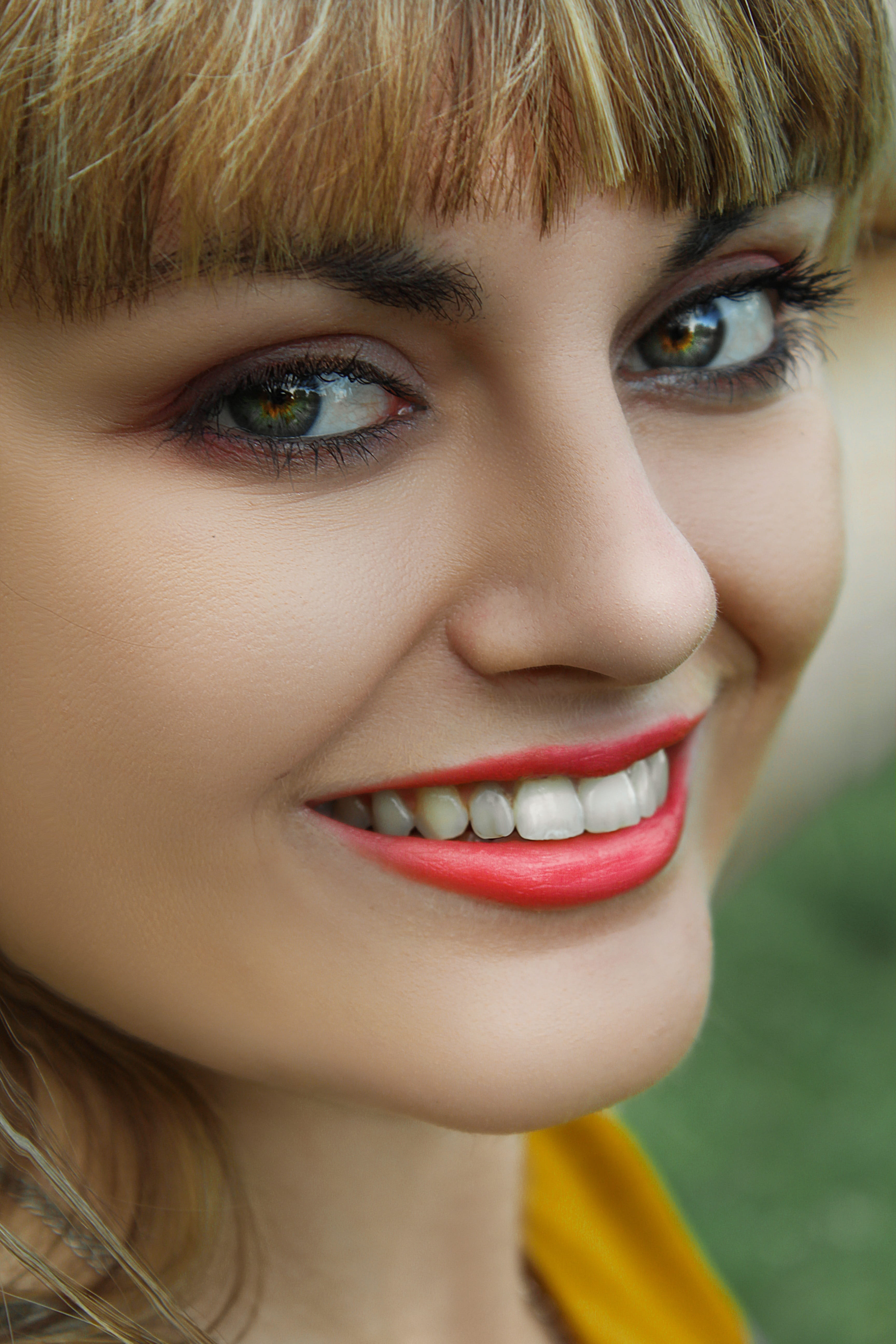 adult, headshot, beautiful, blond hair, hairstyle, style, portrait, eyes, women, bangs, teenager, beauty, lipstick, woman, 5K, body part, human body part, Phone HD Wallpaper