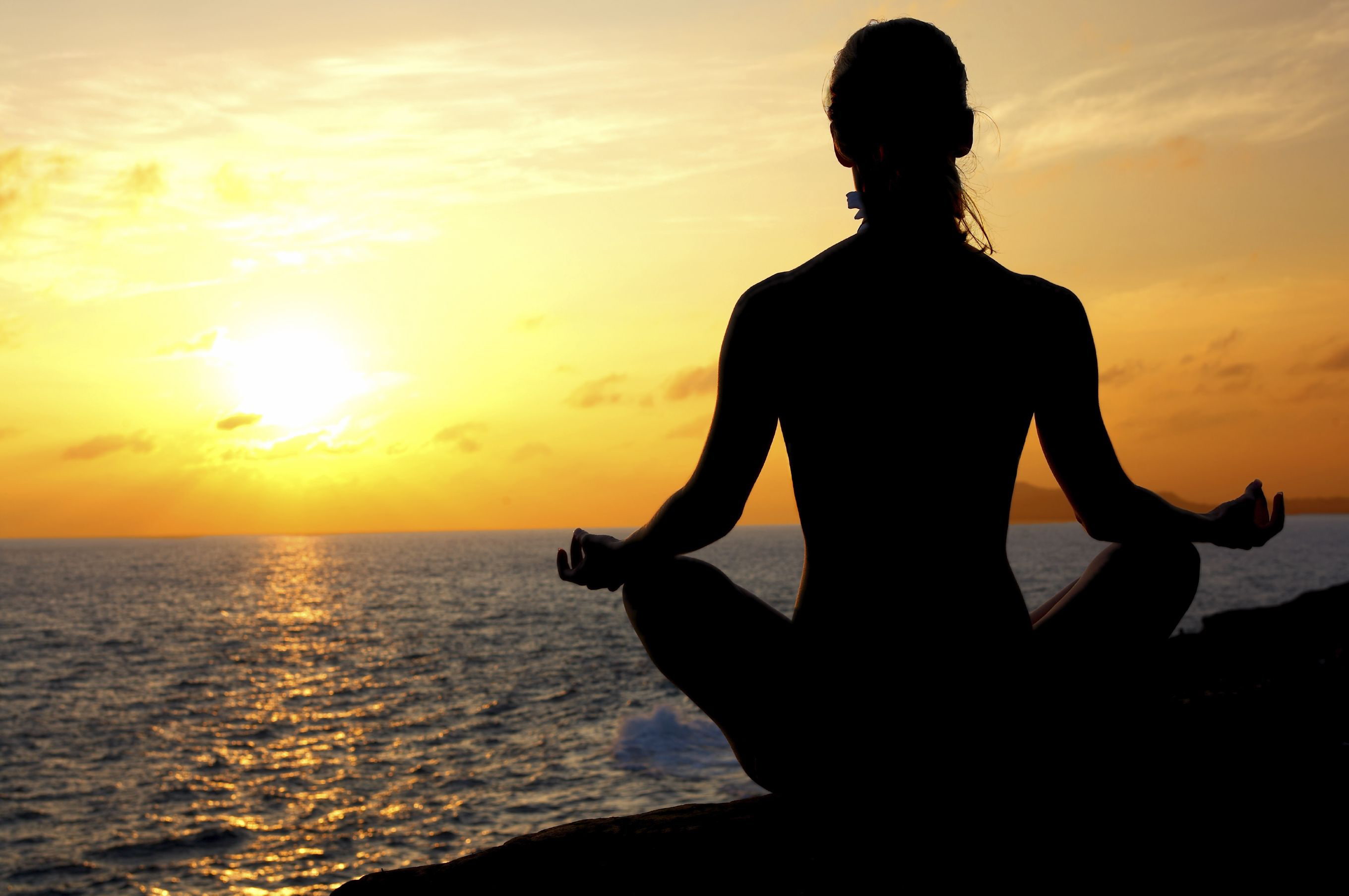 orange color, sunset, lifestyles, water, silhouette, one person, three quarter length, women, blue, outdoors, shore, real people, sitting, 2K, asana, scenics - nature, HD Wallpaper