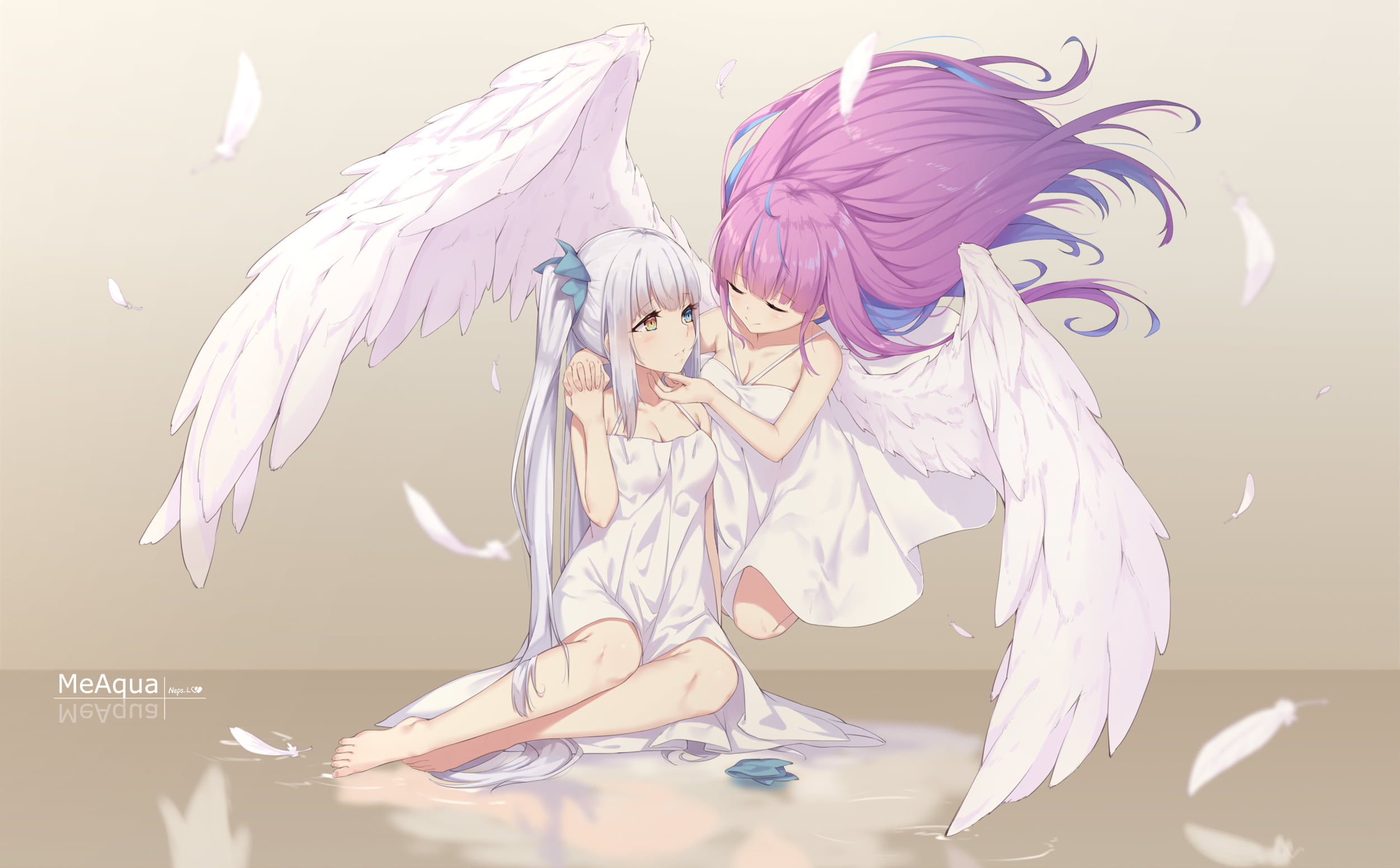 Virtual Youtuber, Minato Aqua, Water, Anime, Kagura Mea, Angel, Girl, Wings, 1080P, Heterochromia, HD Wallpaper