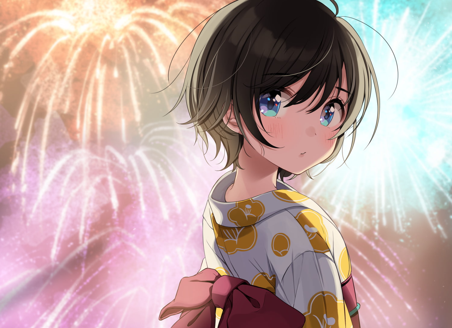 blushing, 720P, short hair, aqua eyes, Christmas, Japanese clothes, brunette, fireworks, HD Wallpaper