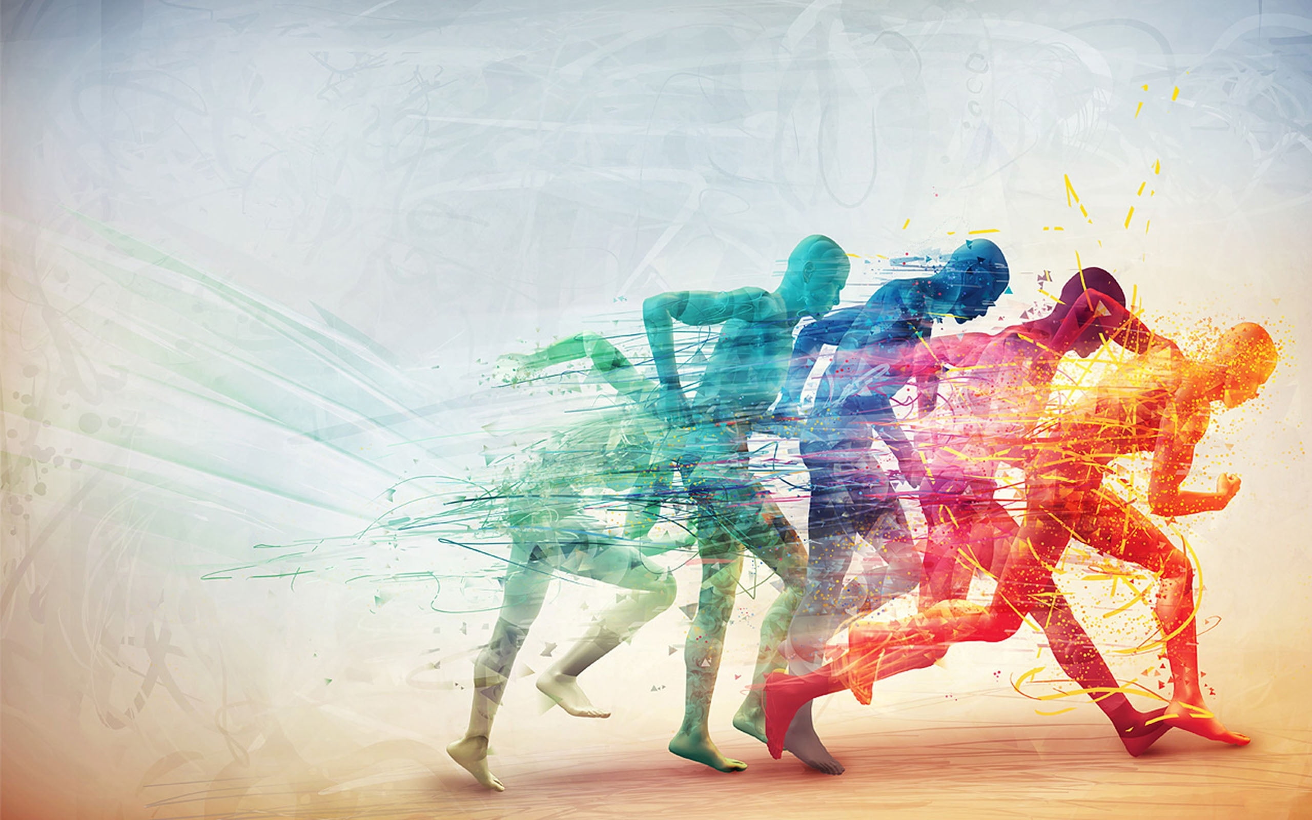 indoors, 2K, futuristic, art, run, two people, multi Colored, speed, multiple exposure, togetherness, pattern, painted Image, vector, shape, modern, painted, HD Wallpaper