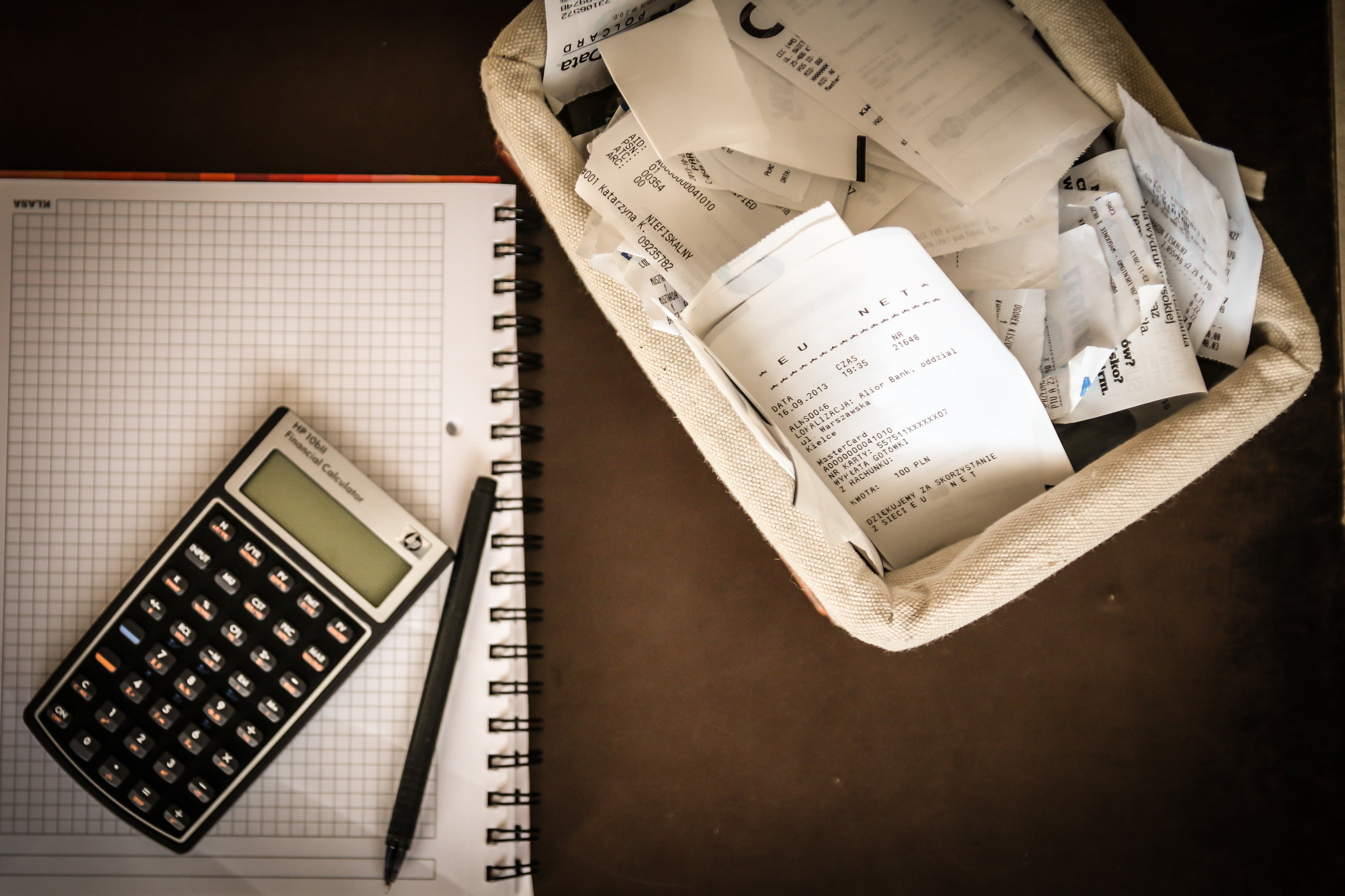 indoors, page, pen, hp, personal accessory, no people, publication, bills, high angle view, 4K, technology, gray, directly above, business, calculator, HD Wallpaper