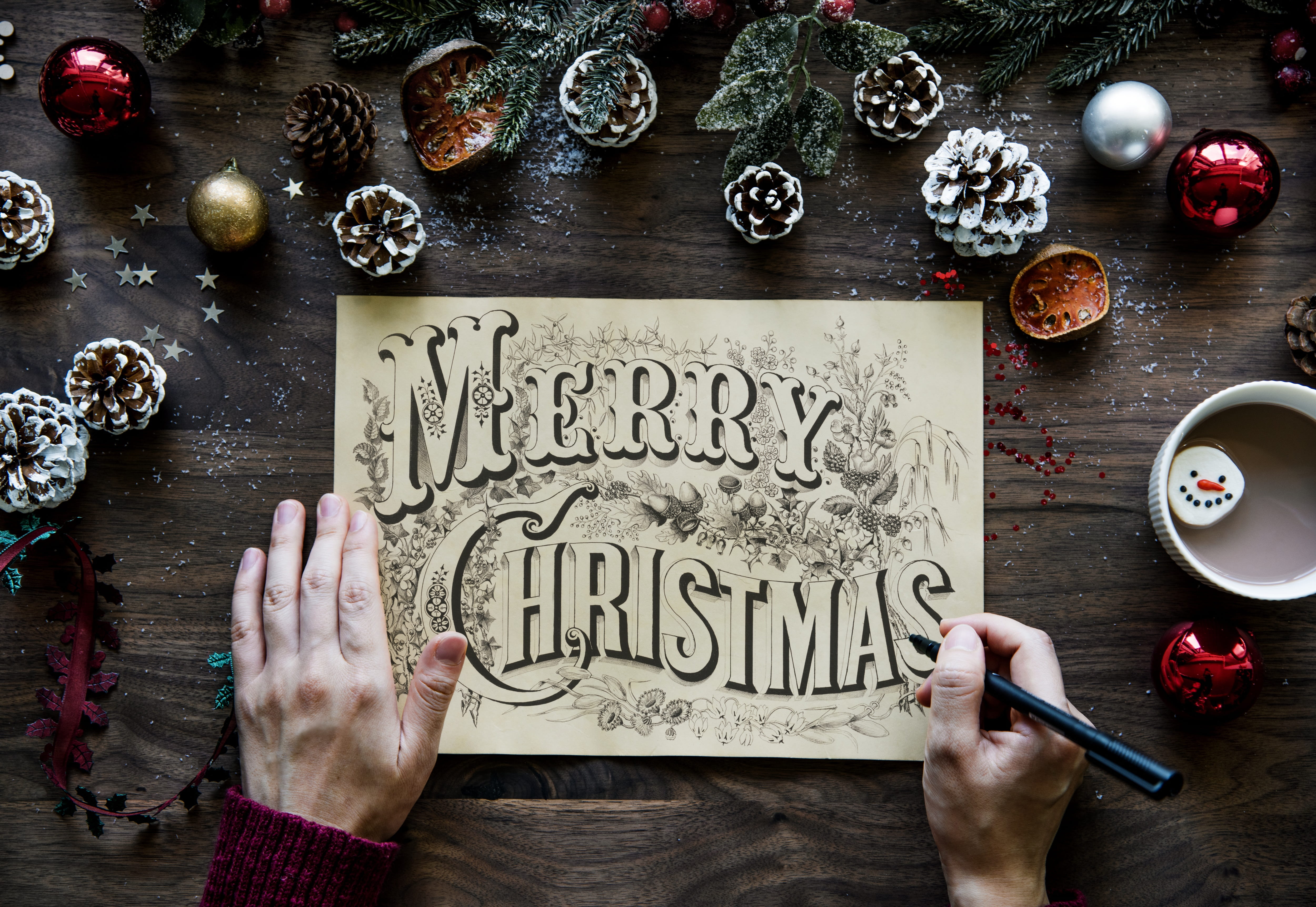 yuletide, new year, background, kitchen utensil, person, celebrate, wish, text, christmas ornament, celebration, pinecones, table, directly above, 4K, HD Wallpaper