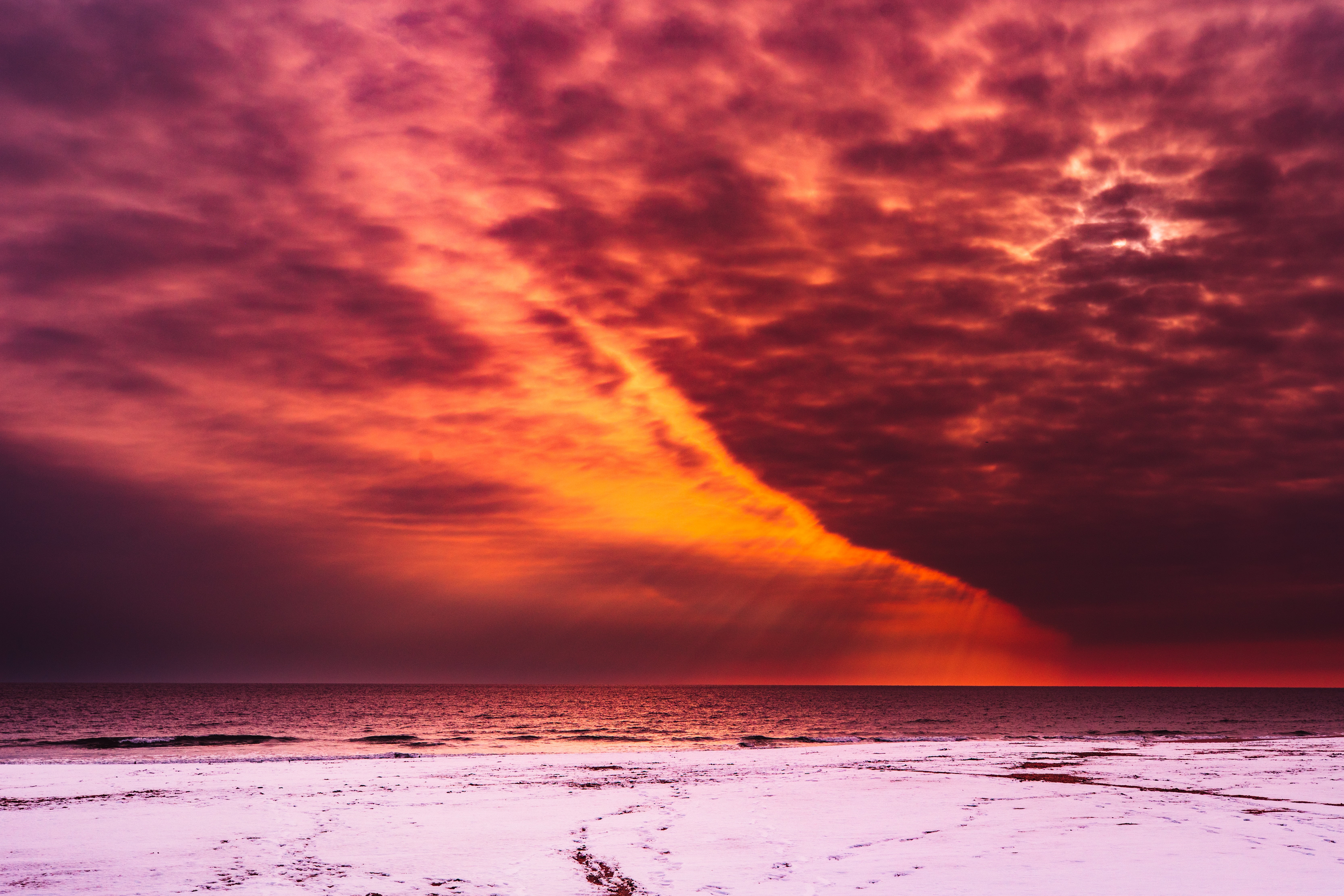 orange color, power in nature, sky, environment, horizon, reflection, cloudy, beauty in nature, radiance, daytime, scenics - nature, red, sunset, sea, cloudscape, HD Wallpaper