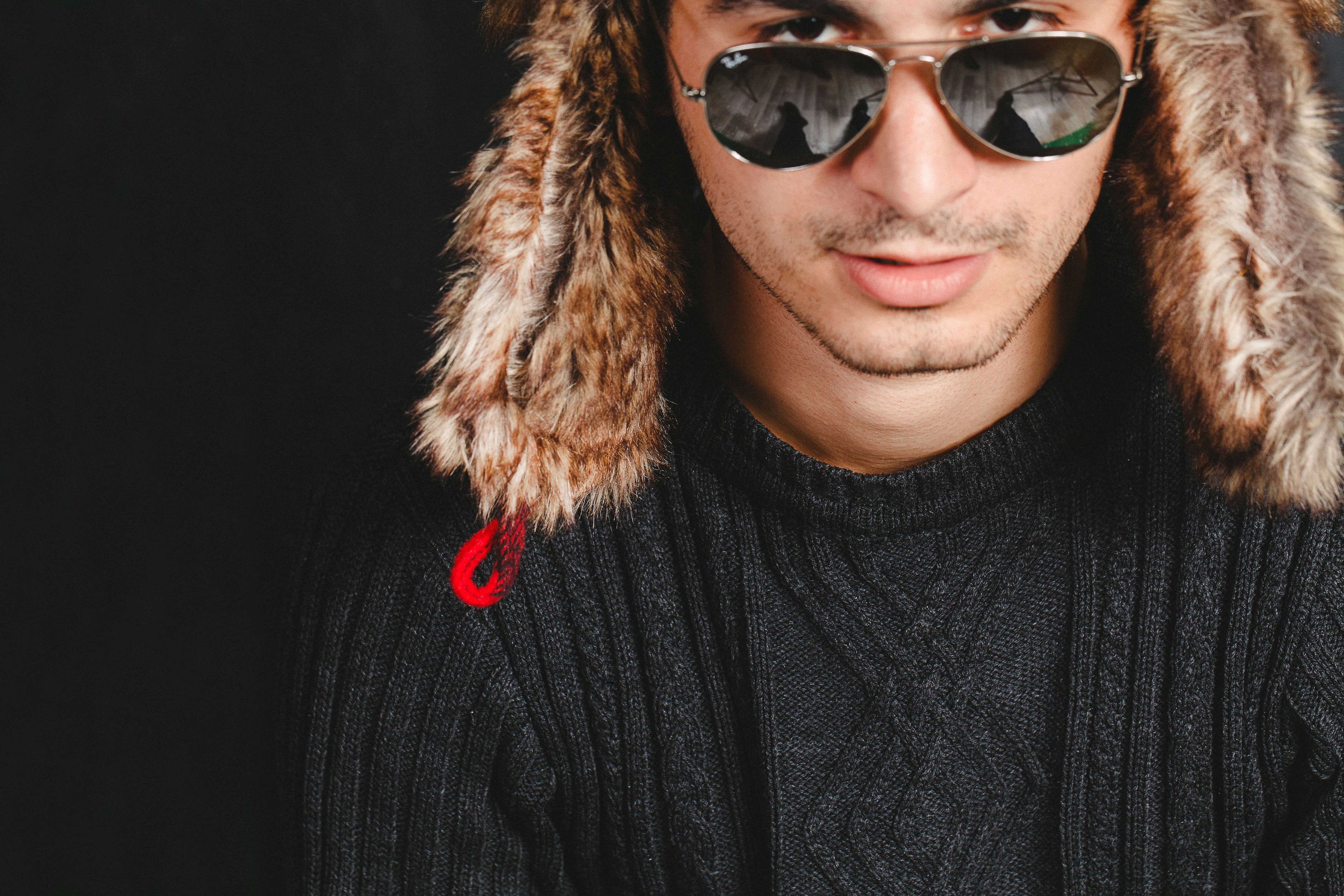 studio shot, happiness, winter, knit cap, hairstyle, warm clothing, jacket, sunglasses, front view, beanie, fashion, black background, headshot, men, portrait, HD Wallpaper