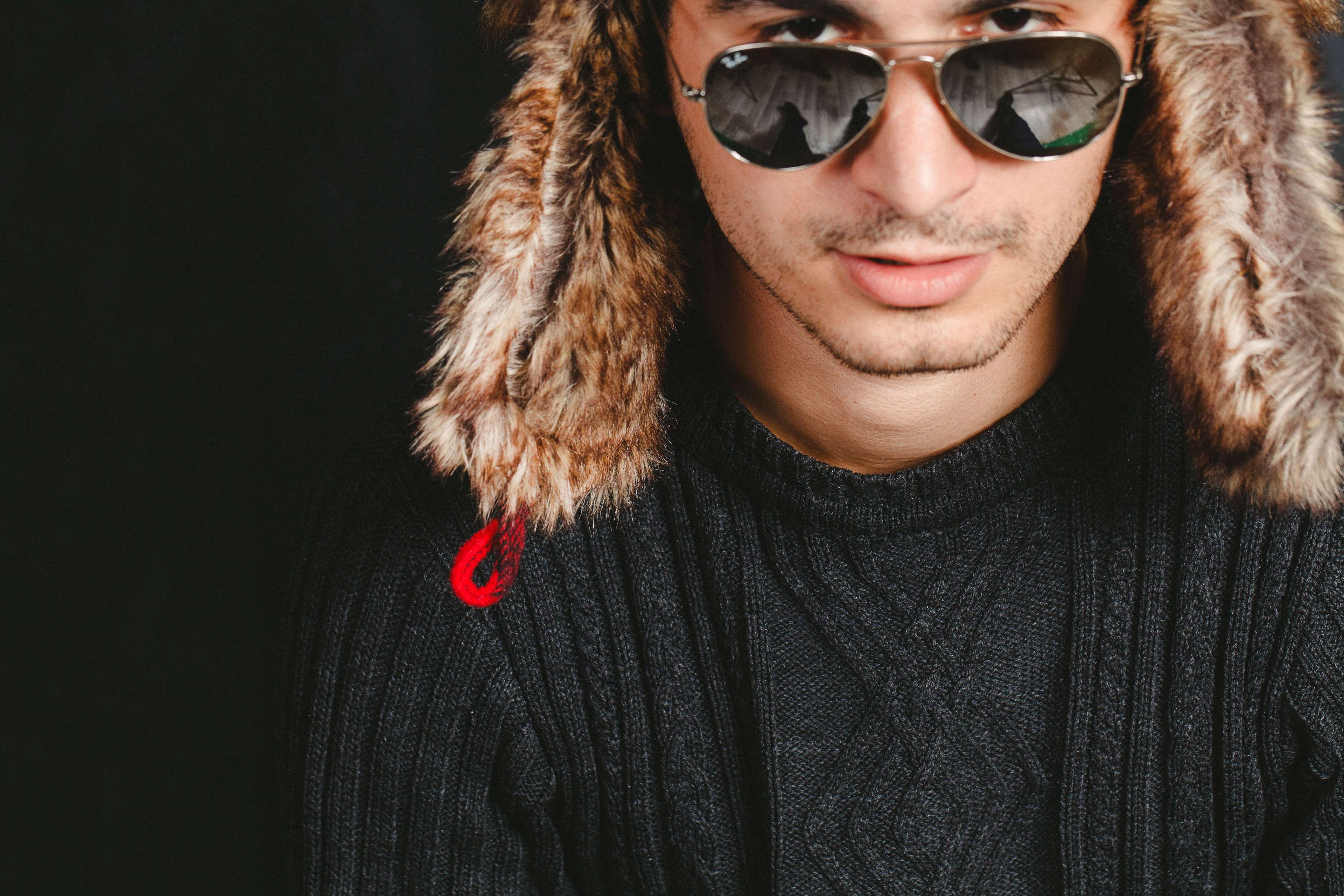 indoors, looking at camera, sunglasses, one person, studio shot, clothing, black background, face, 4K, front view, smiling, fashion, knit cap, hairstyle, HD Wallpaper