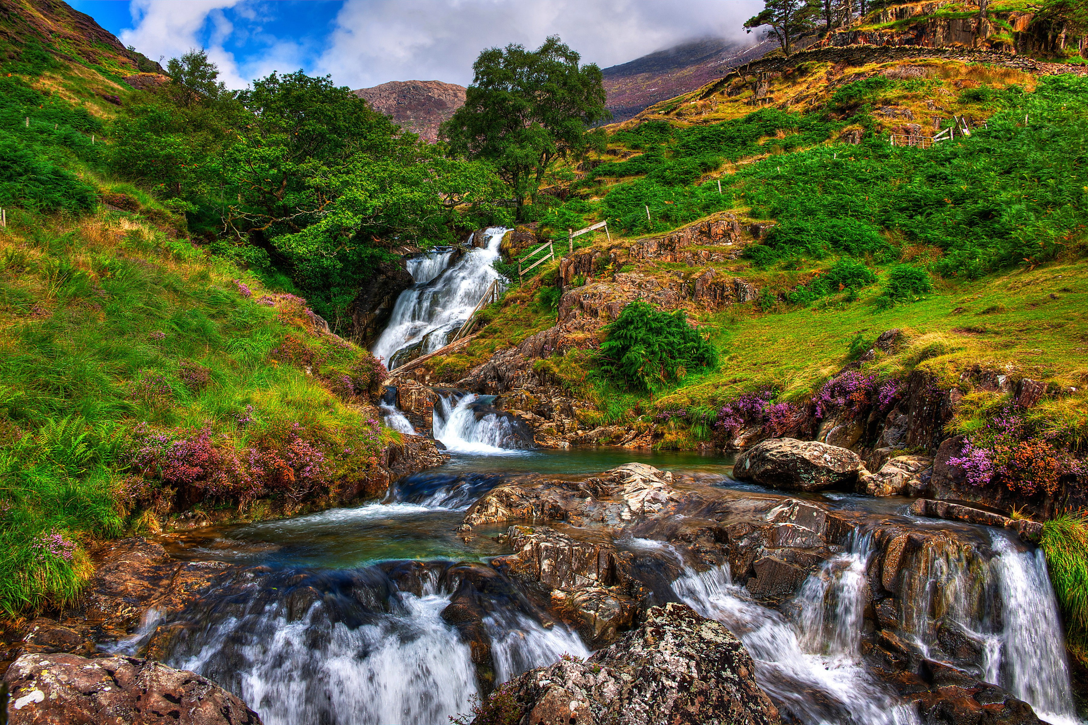river, sky, clouds, Snowdonia, mountains, grass, stream, landscape, 2K, trees, GB, flowers, rocks, HD Wallpaper
