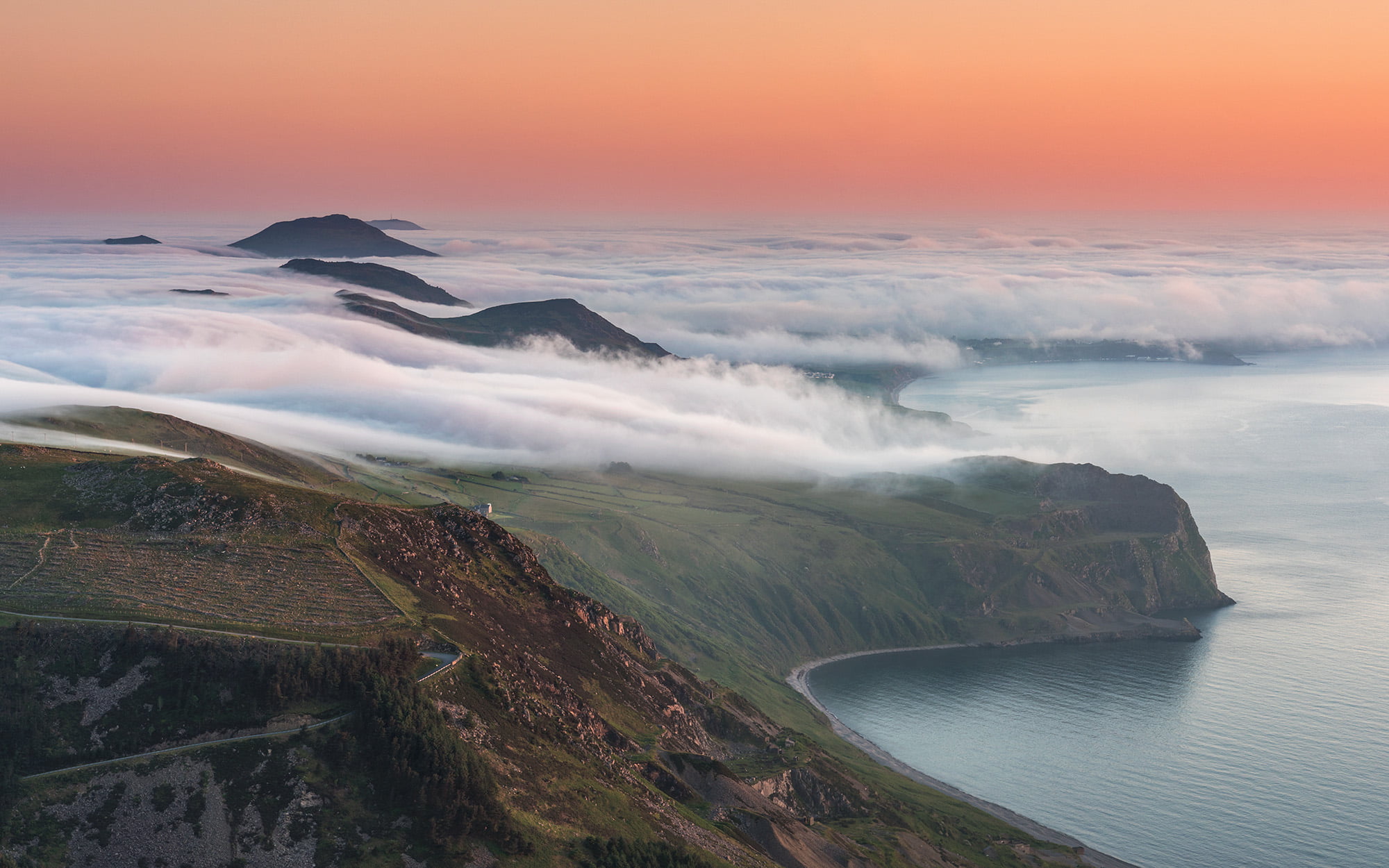 near, Sea, fog, Wales, Mist, daytime, coast, mountain, 1080P, sunset, landscape, peaks, Llyn Peninsula, nature, ocean, scenics, HD Wallpaper
