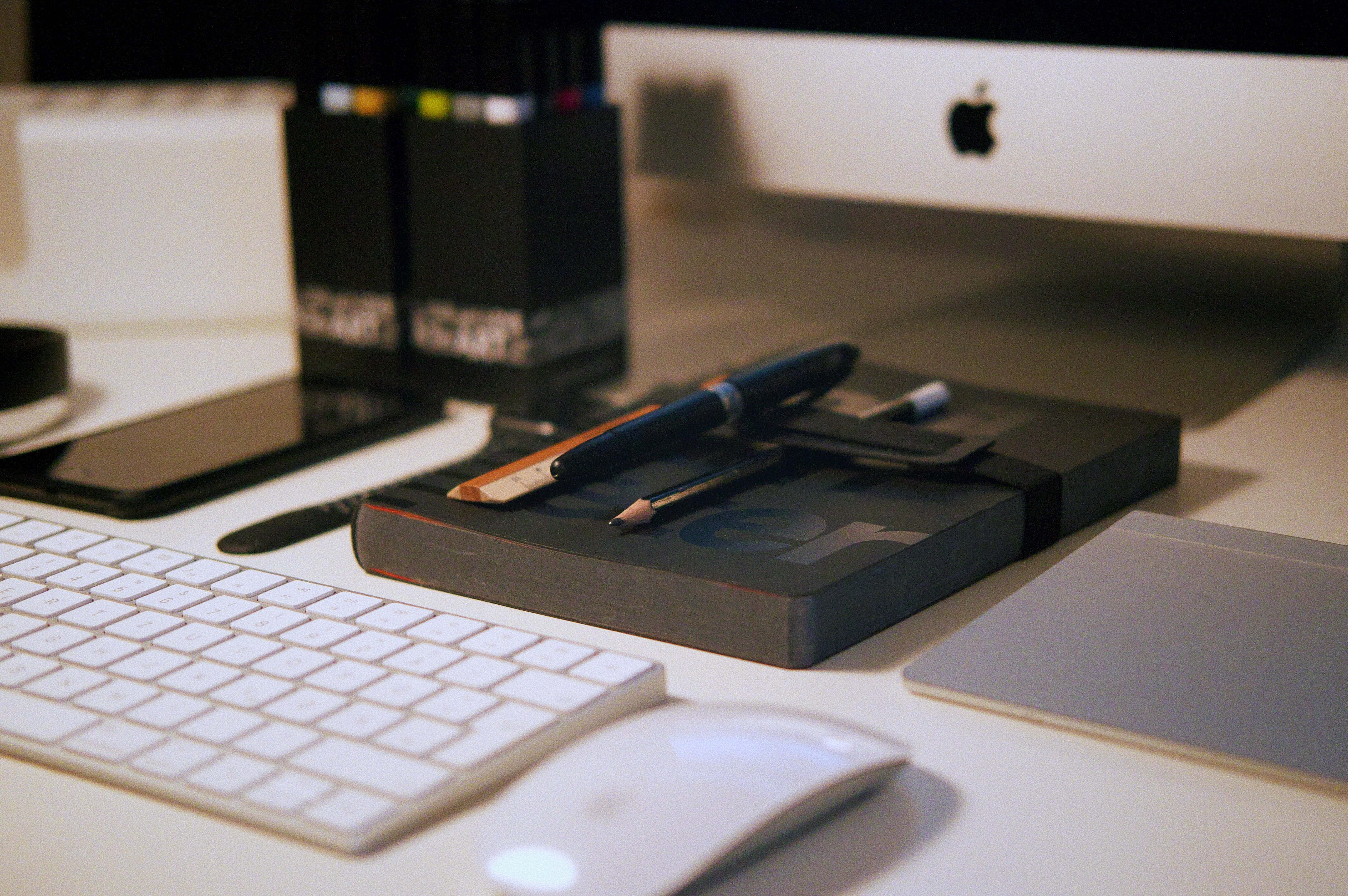apple, mouse, apple watch, table, computer, no people, pen, office, focus on foreground, top, close-up, notebook, pencil, business, white, near, desk, workspace, HD Wallpaper