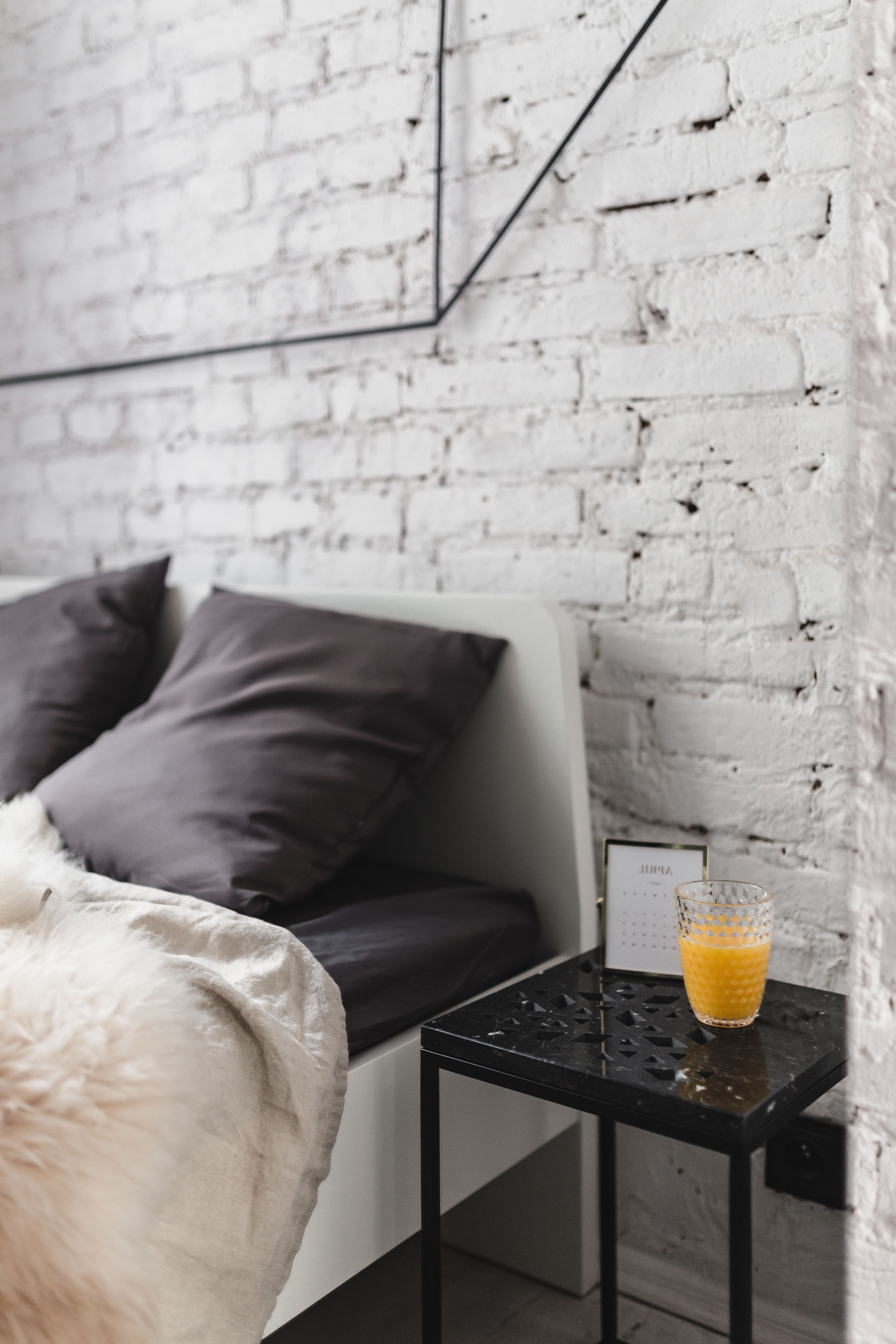 fruit, marble, elegance, food and drink, furniture, food, household equipment, scandi, indoors, table, modern, living Room, brick wall, bedside table, home Interior, Phone HD Wallpaper