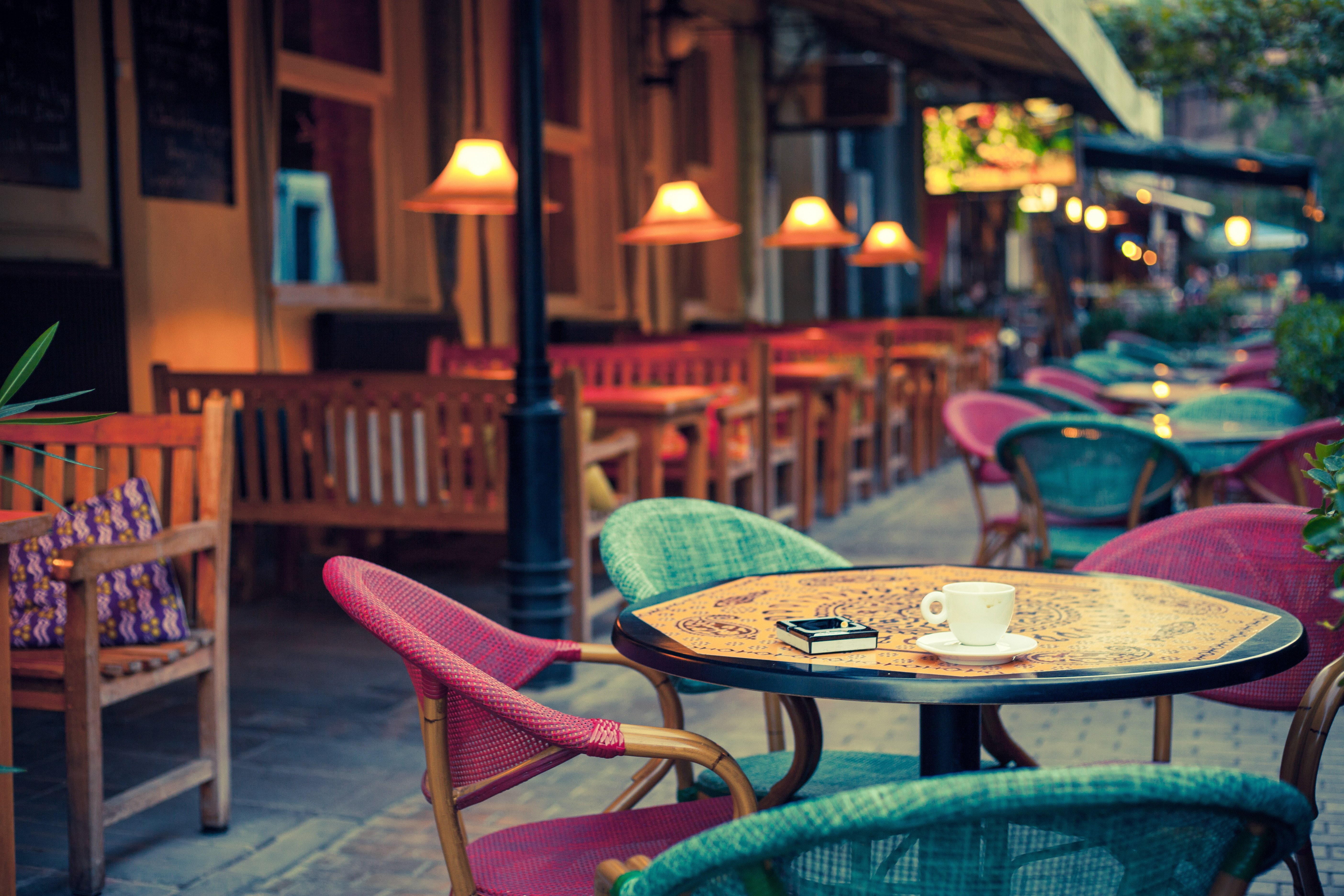 lights, street, tables, bedside, 5K, cafe, city, HD Wallpaper