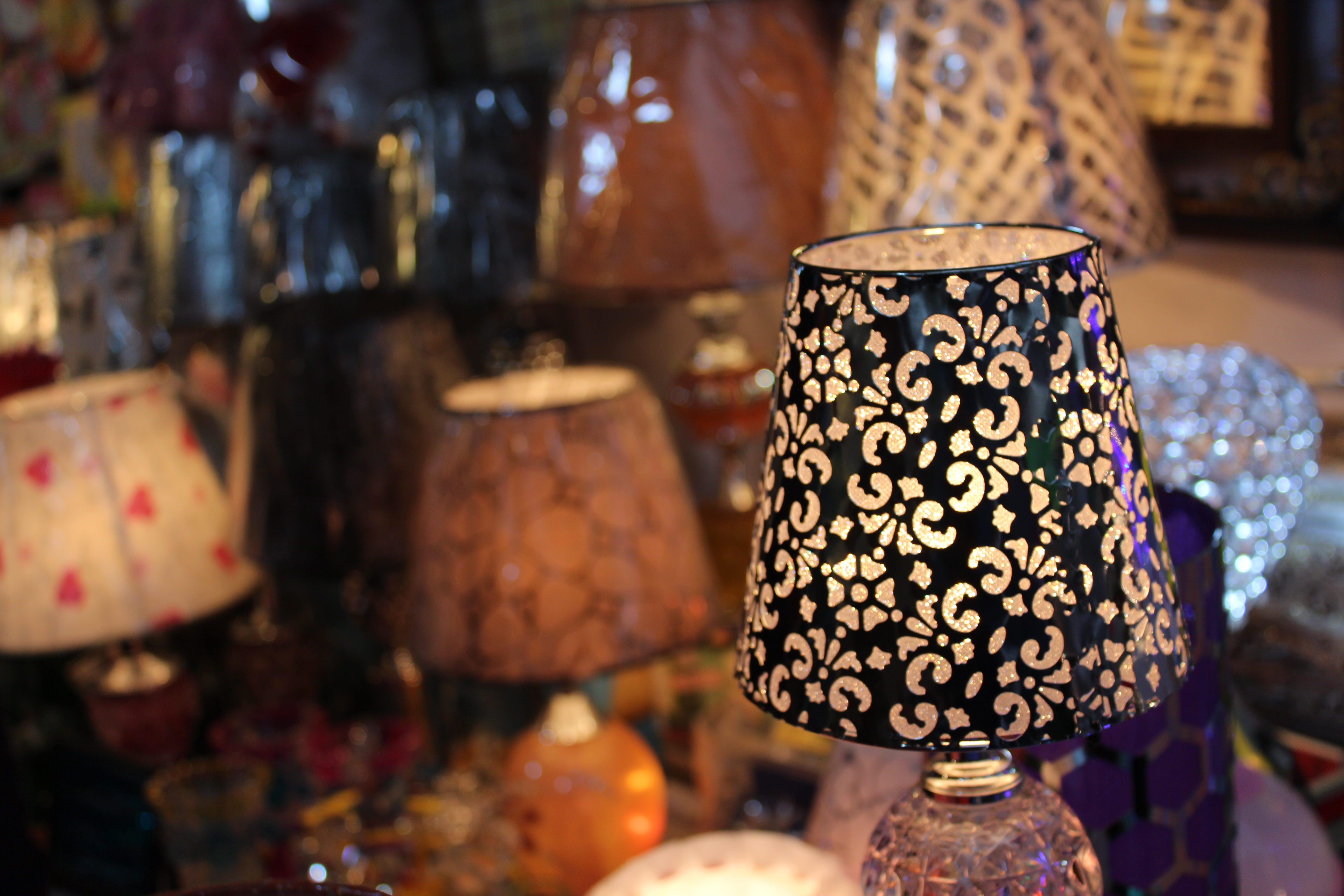 5K, royalty, craft, design, market, close-up, Lampshade, still life, indoors, light, choice, no people, table lamp, decoration, large group of objects, HD Wallpaper