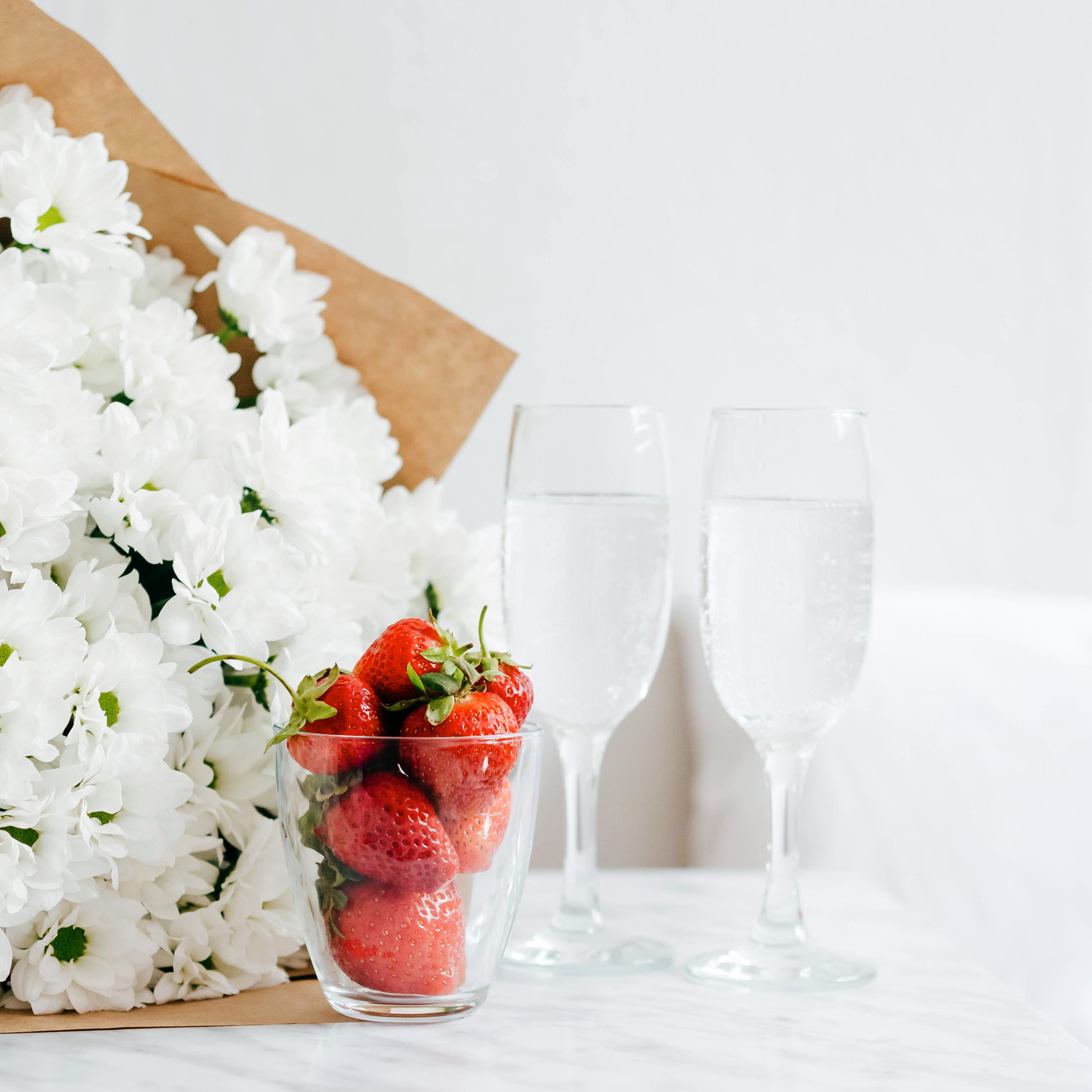 flowering plant, indoors, flower arrangement, strawberries, bouquet, flowers, flower, flower head, healthy eating, cup, table, bedside, food, beside, still life, Phone HD Wallpaper