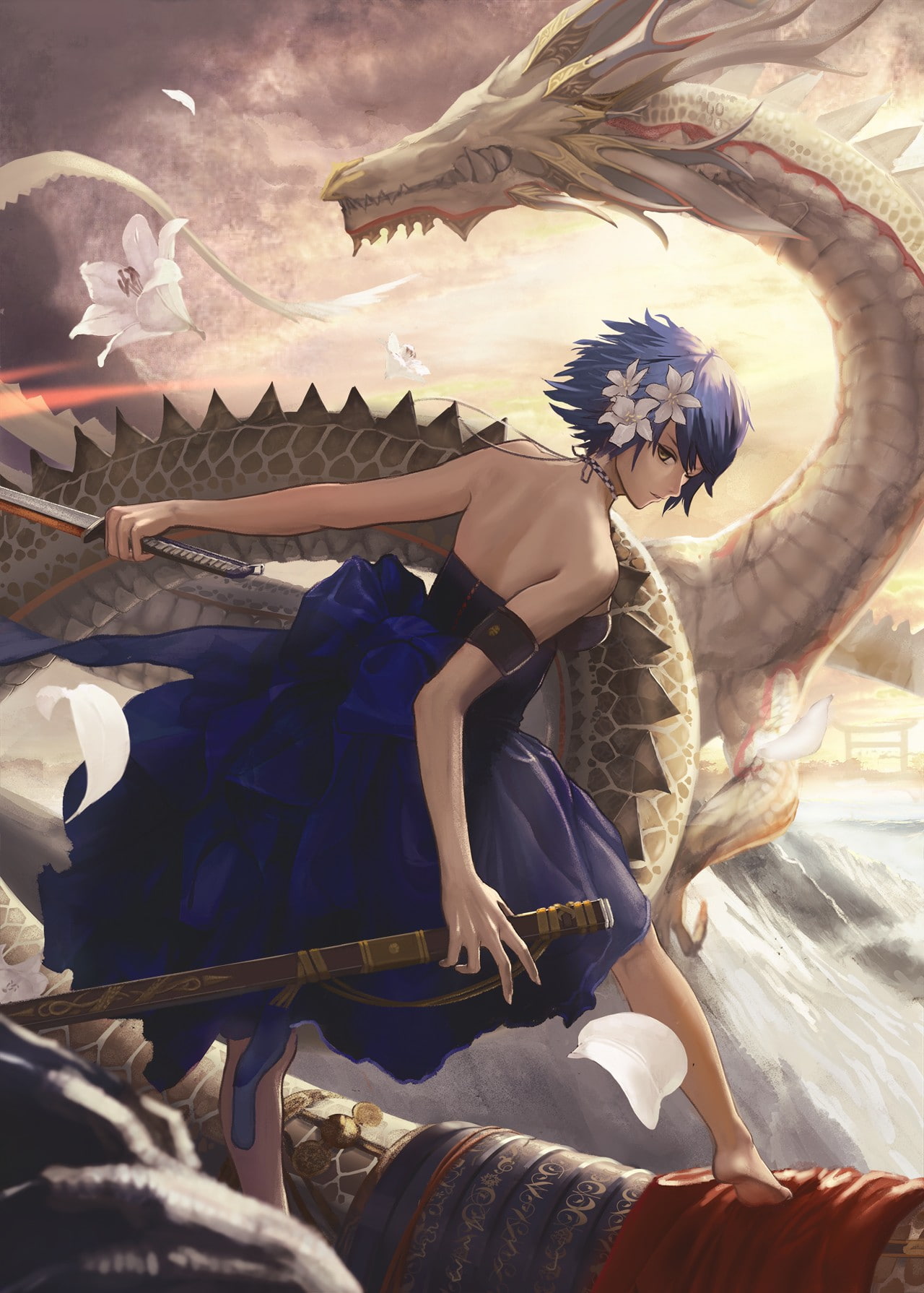 anime girls, blue dress, blue hair, yellow eyes, flower in hair, katana, dragon, Kantai Collection, Tenryuu (KanColle), short hair, anime, 720P, Phone HD Wallpaper