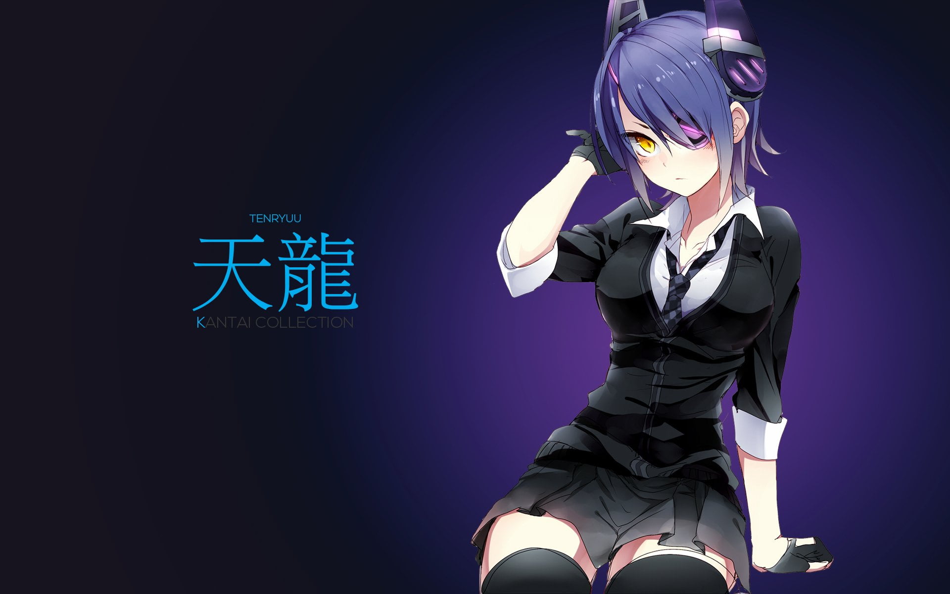 technology, Eye Patch, Thigh Highs, illustration, robot, illuminated, Girl, Tenryuu (Kancolle), one person, Sitting, cyborg, Anime, Dress, Kantai Collection, HD Wallpaper