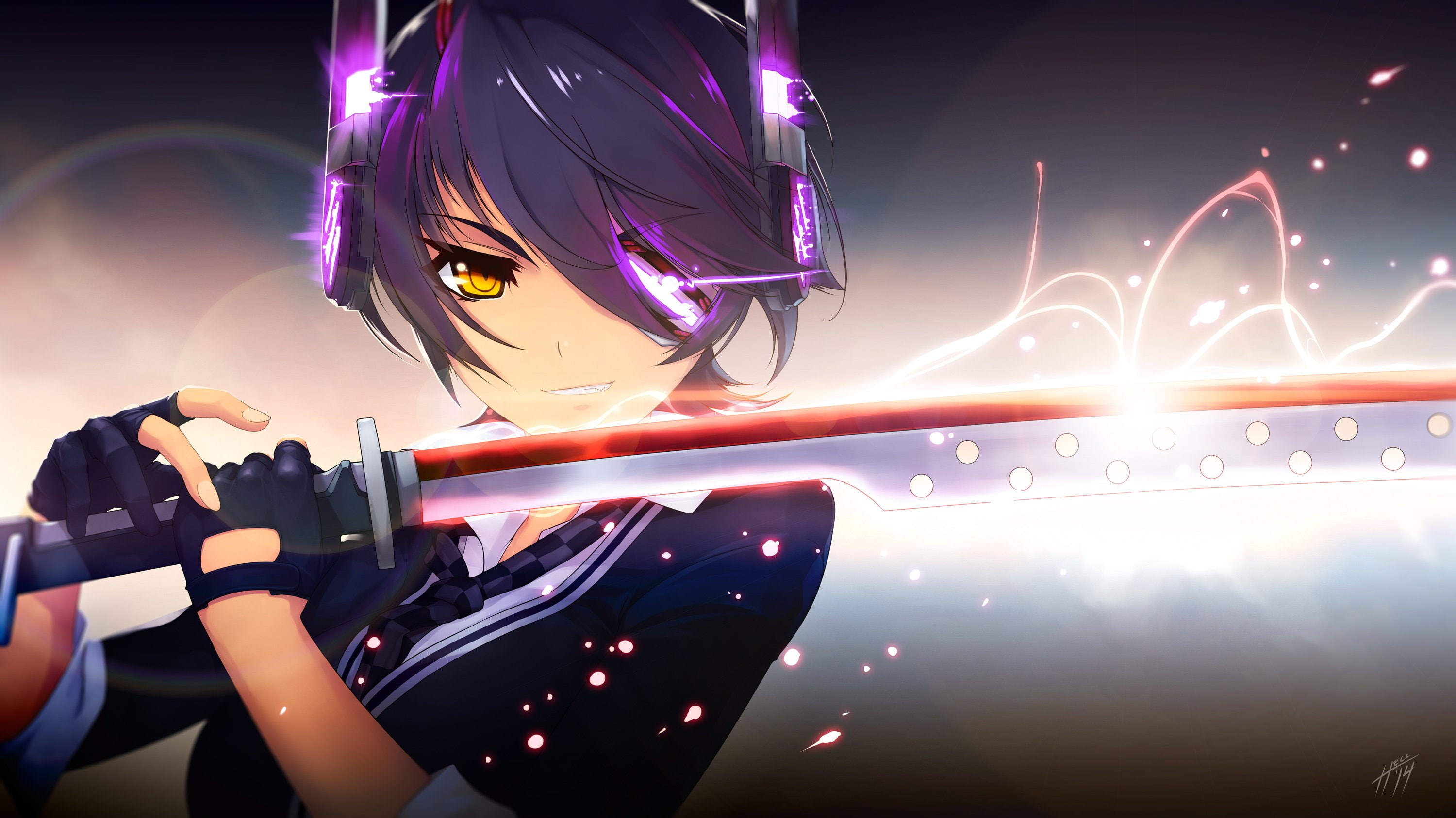 gloves, weapon, black, short, eyepatch, tie, hair, yellow, 2K, kantai, sword, eyes, artifacts, signed, kancolle, tenryuu, collection, purple, jpeg, HD Wallpaper