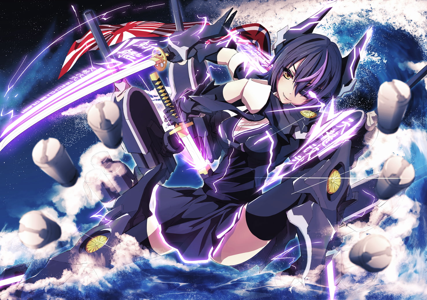 kantai, collection, sword, tenryuu, weapon, gloves, merontomari, kancolle, thighhighs, 720P, katana, eyepatch, HD Wallpaper