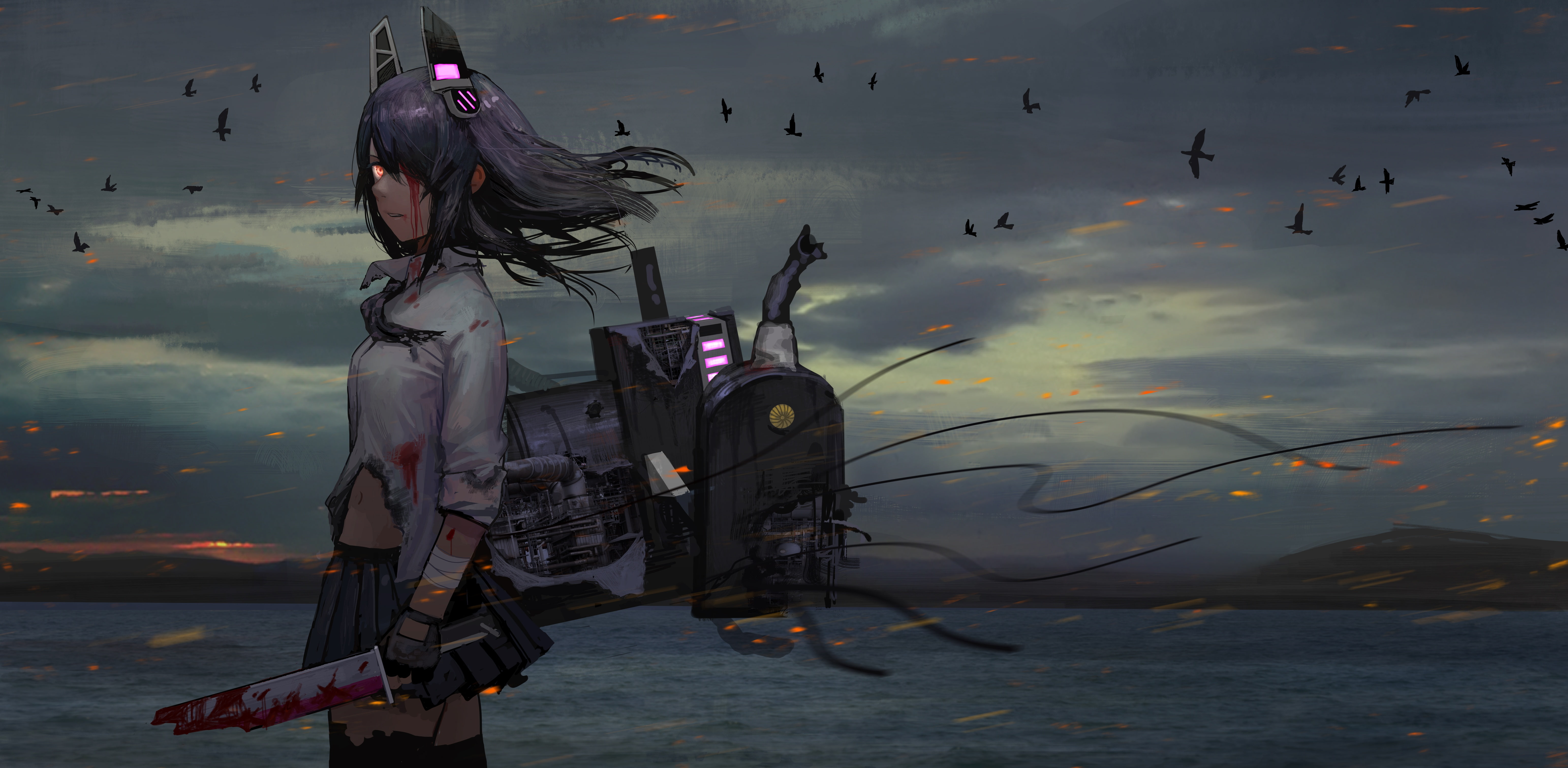 torn, anthropomorphism, skirt, blood, weapon, (kancolle), clothes, zettai, animal, tenryuu, sky, bandage, water, collection, konachan, clouds, navel, com, HD Wallpaper
