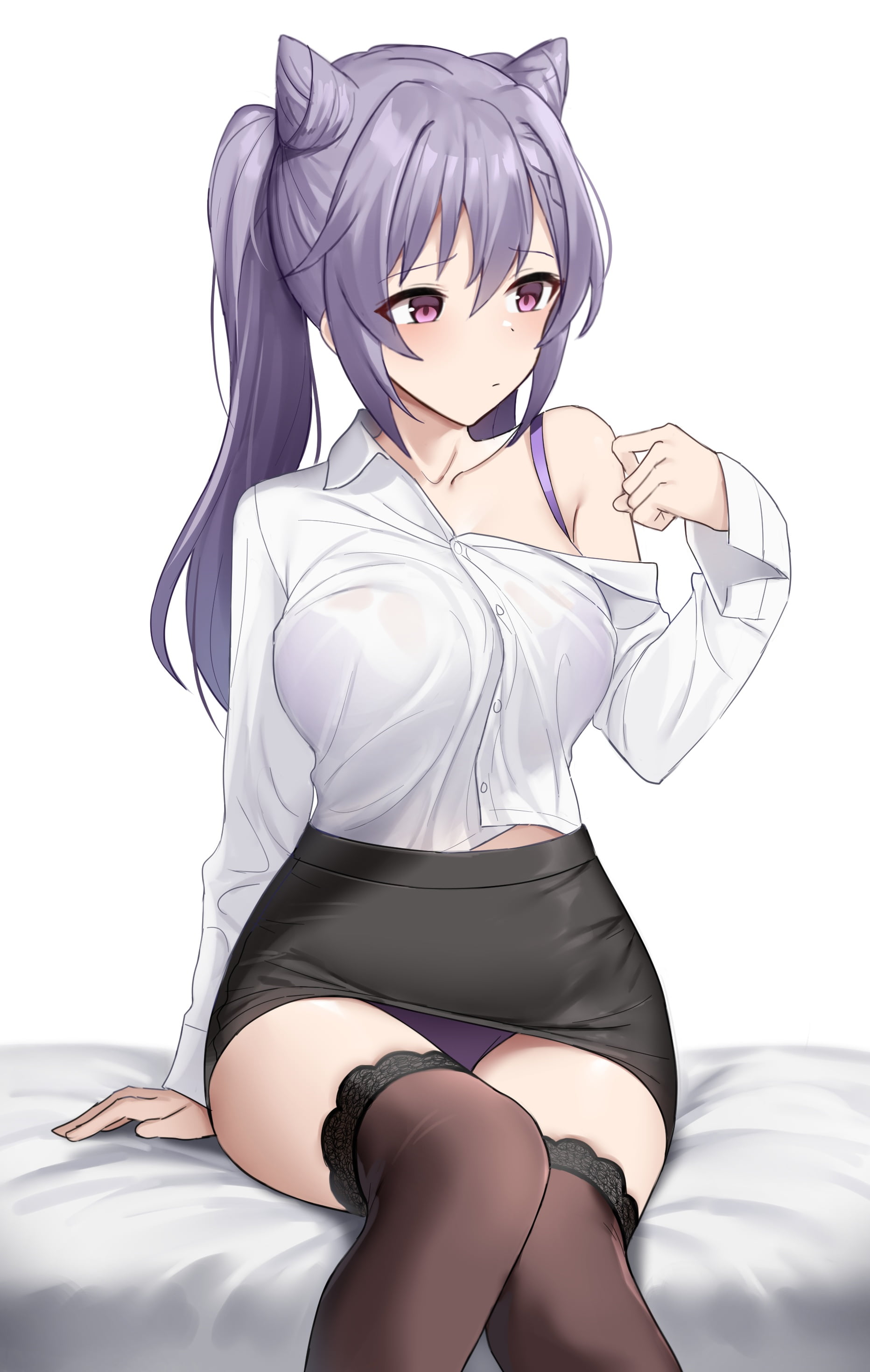 2K, office uniform, keqing (genshin impact), Genshin Impact, anime girls, stockings, Phone HD Wallpaper