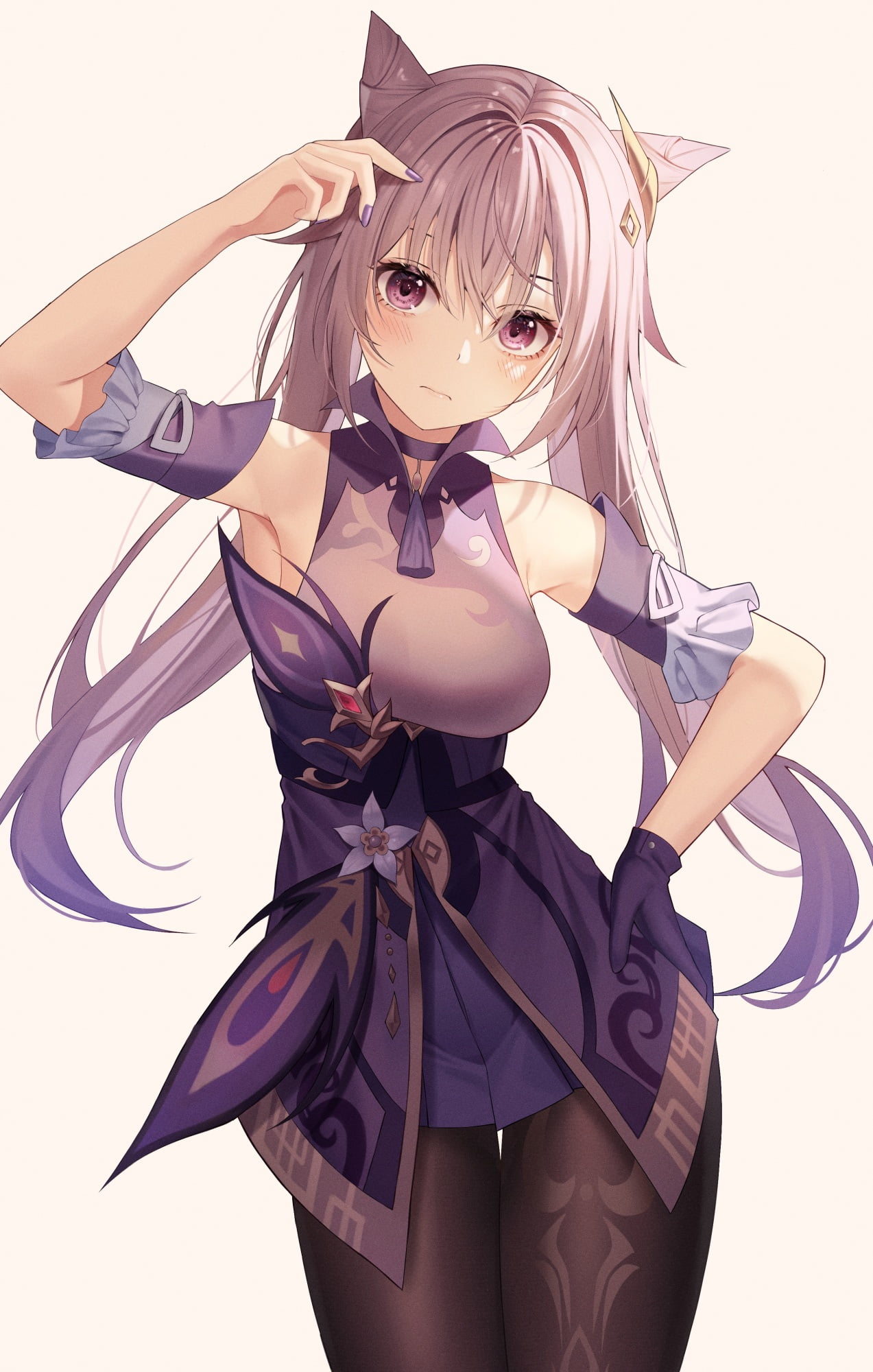 arms up, white background, long hair, looking at viewer, Genshin Impact, simple background, keqing (genshin impact), 1080P, Phone HD Wallpaper