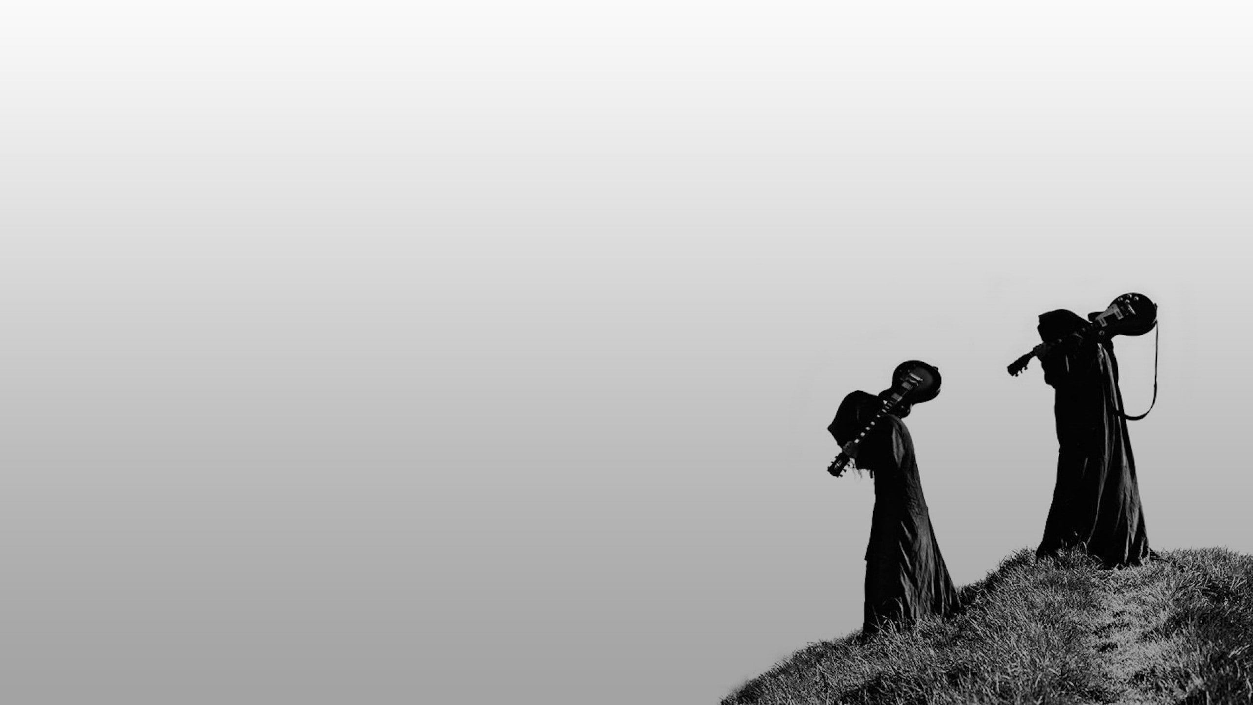 women, day, male likeness, minimalism, field, representation, nature, robes, copy space, technology, electric guitar, sky, female likeness, beauty in nature, HD Wallpaper