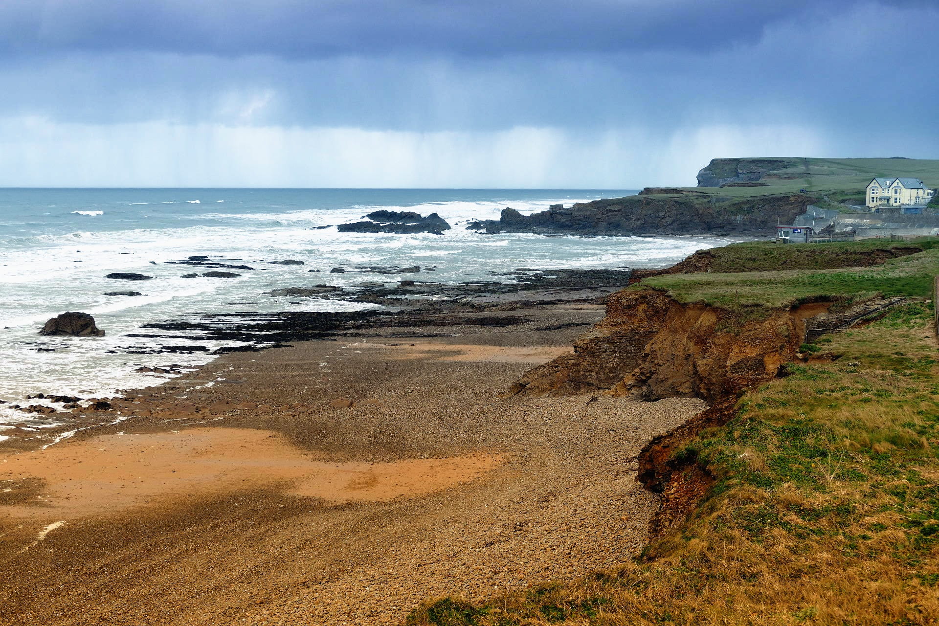 coastal, blue, sunny, british, erosion, water, crooklets beach, britain, red, heritage, coastline, geological, tintagel, nature, travel, formation, outdoor, HD Wallpaper