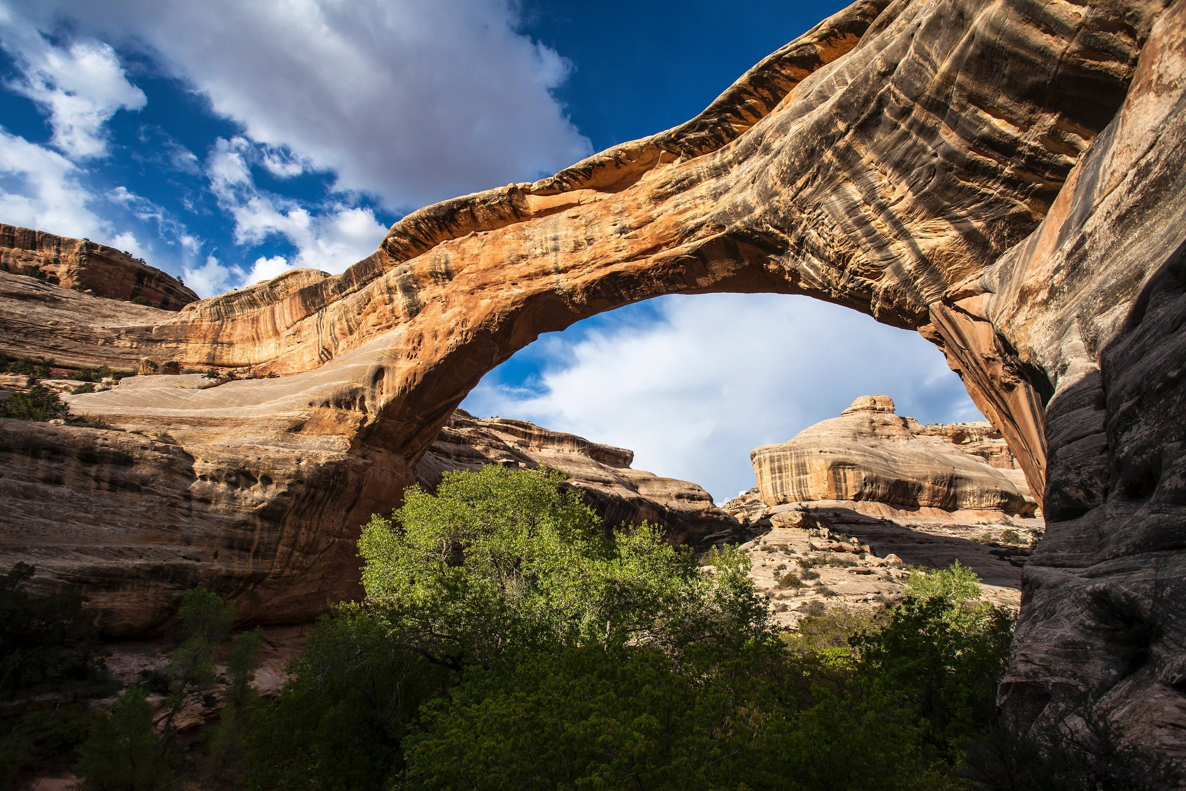 geological, nature, outdoors, no people, shape, day, sky, landscape, cloud - sky, scenics - nature, old ruin, erosion, blue, 1080P, natural bridges national monument, HD Wallpaper