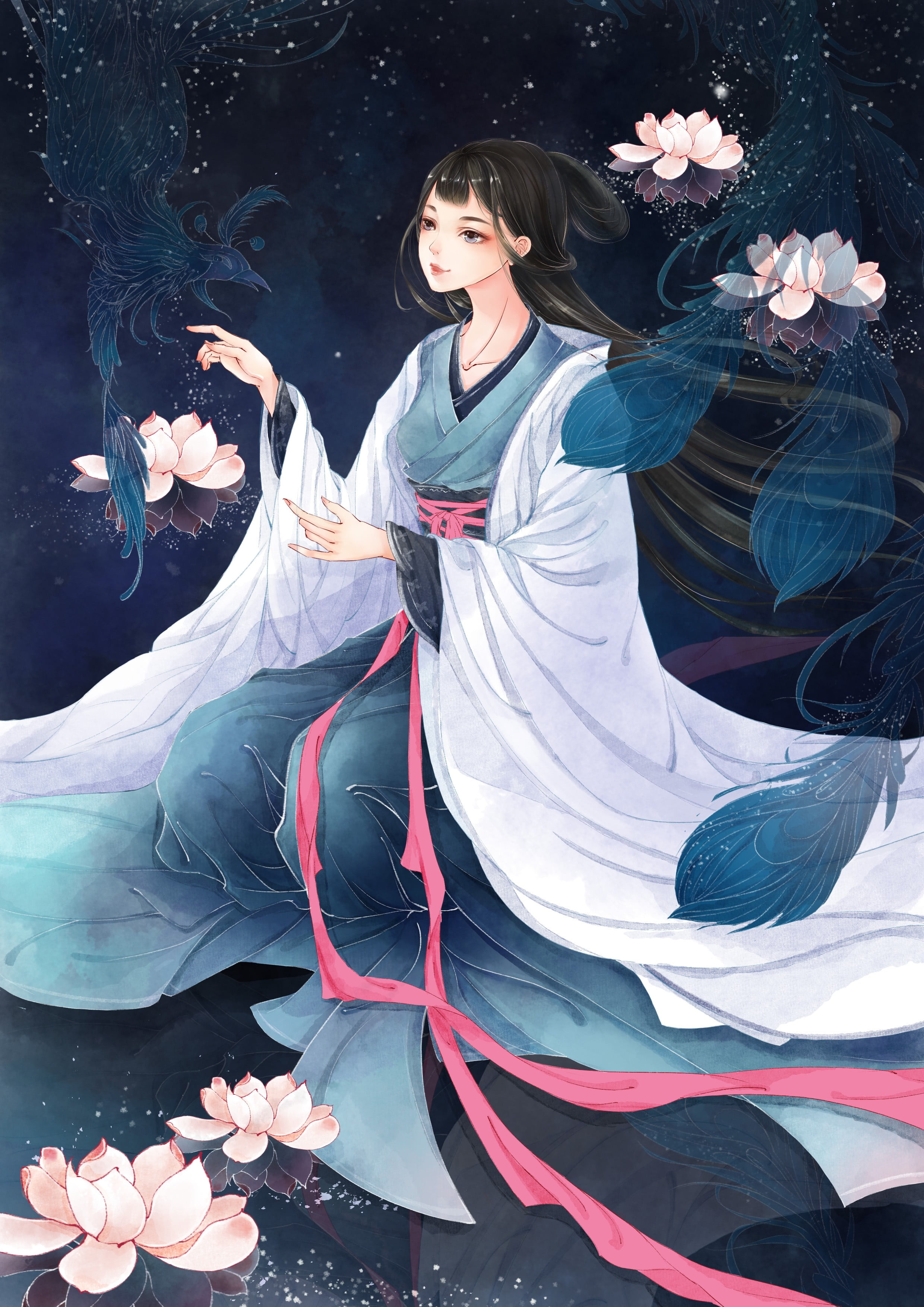 water lilies, wearing, young women, kimono, flower, people, 2K, night, hanfu, person, beauty in nature, outdoors, beauty, black hair, adult, Chinese dress, Phone HD Wallpaper