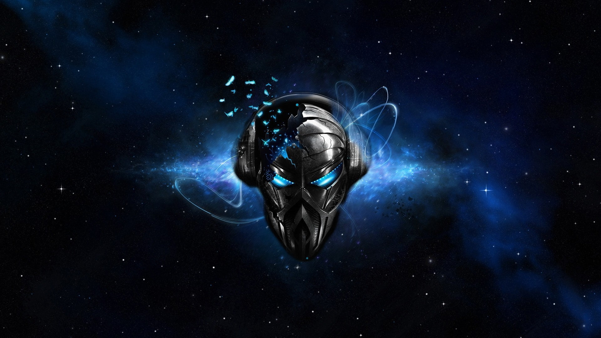 digital art, blue eyes, space, mask, headphones, 1080P, music, artwork, skull, stars, shattered, HD Wallpaper