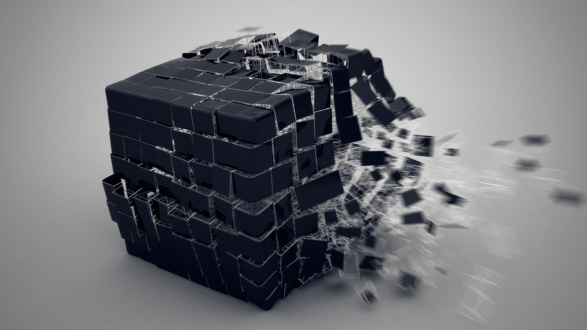 digital art, shattered, render, simple background, cube, motion blur, CGI, abstract, 1080P, HD Wallpaper