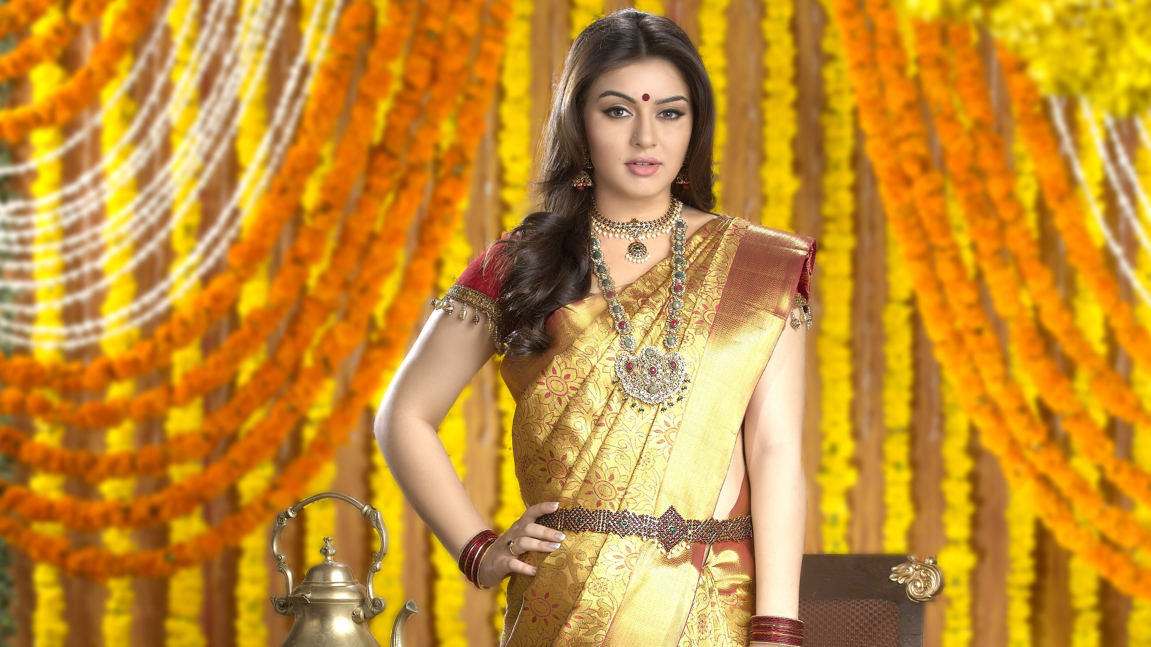Traditional, 4K, 2K, Saree, Hansika Motwani, HD Wallpaper