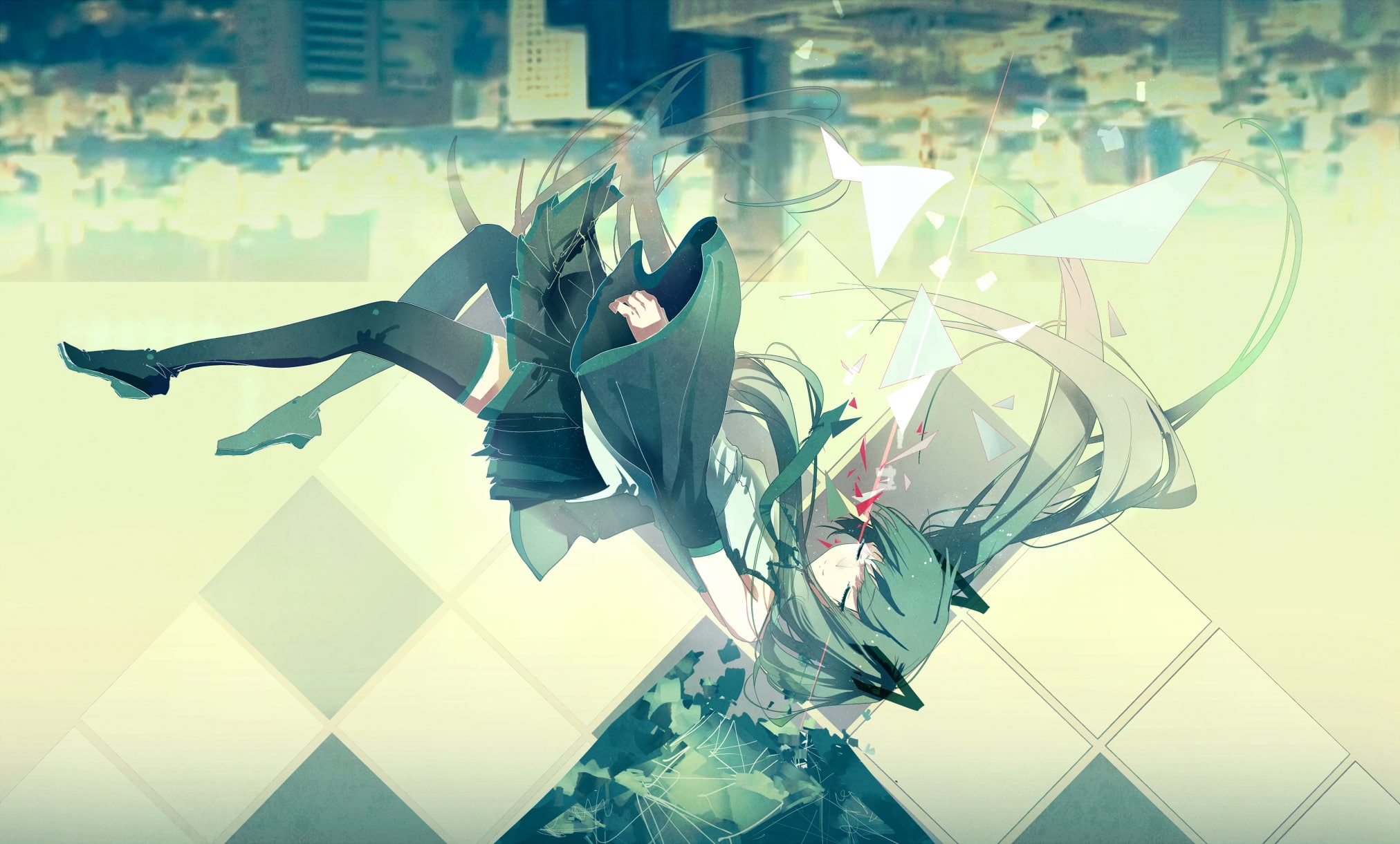 clothing, casual clothing, building, full length, outdoors, young adult, mid-air, vocaloid, city, day, built structure, 1080P, human arm, nature, digital composite, HD Wallpaper