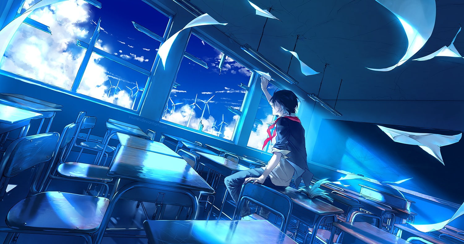 Sen (Knite), paperplanes, windmill, 720P, school, anime, Knite, HD Wallpaper