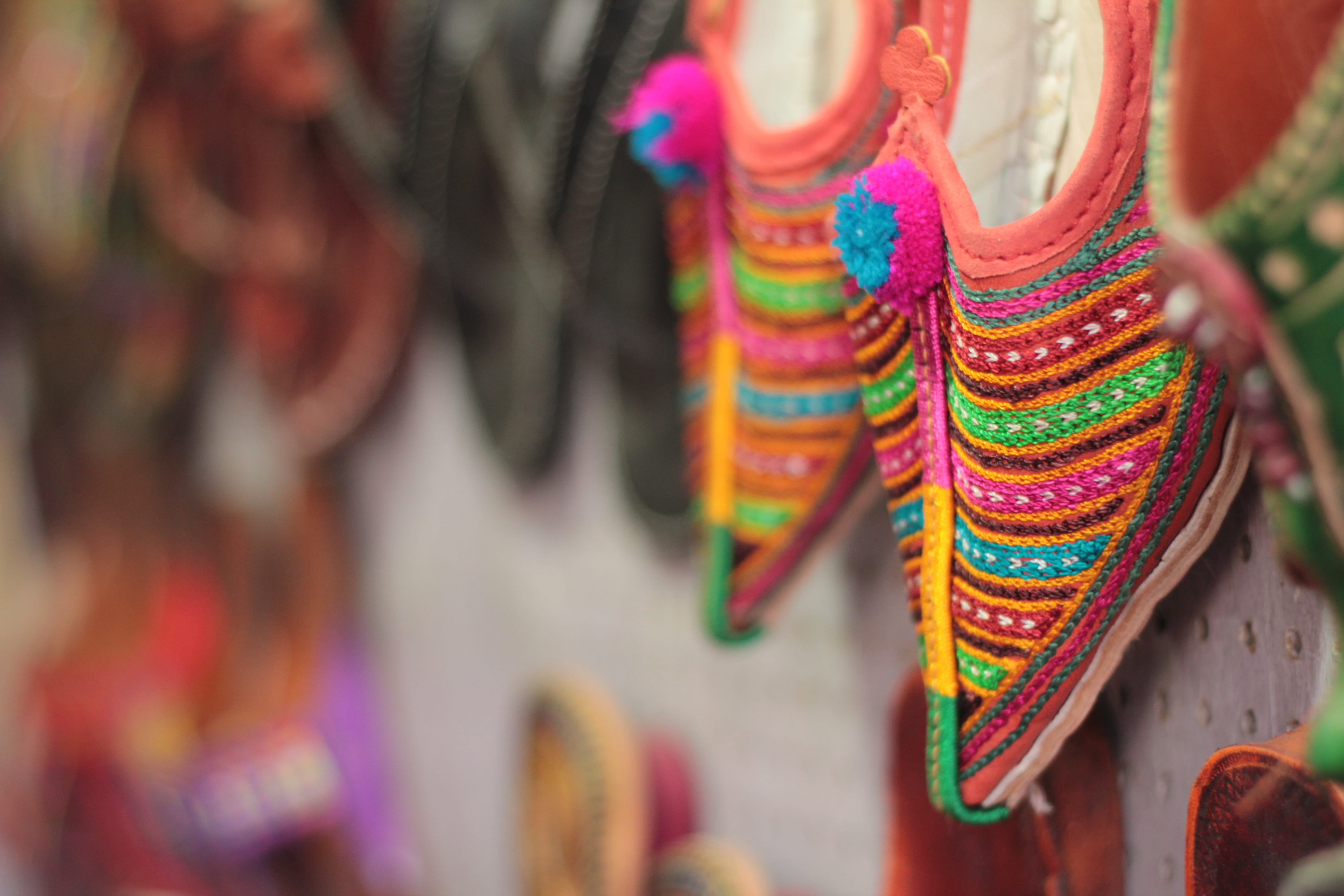 ethnic, business, design, retail display, hanging, no people, indian, foot wear, variation, choice, colorful, fashion, market, close-up, foot, in a row, HD Wallpaper