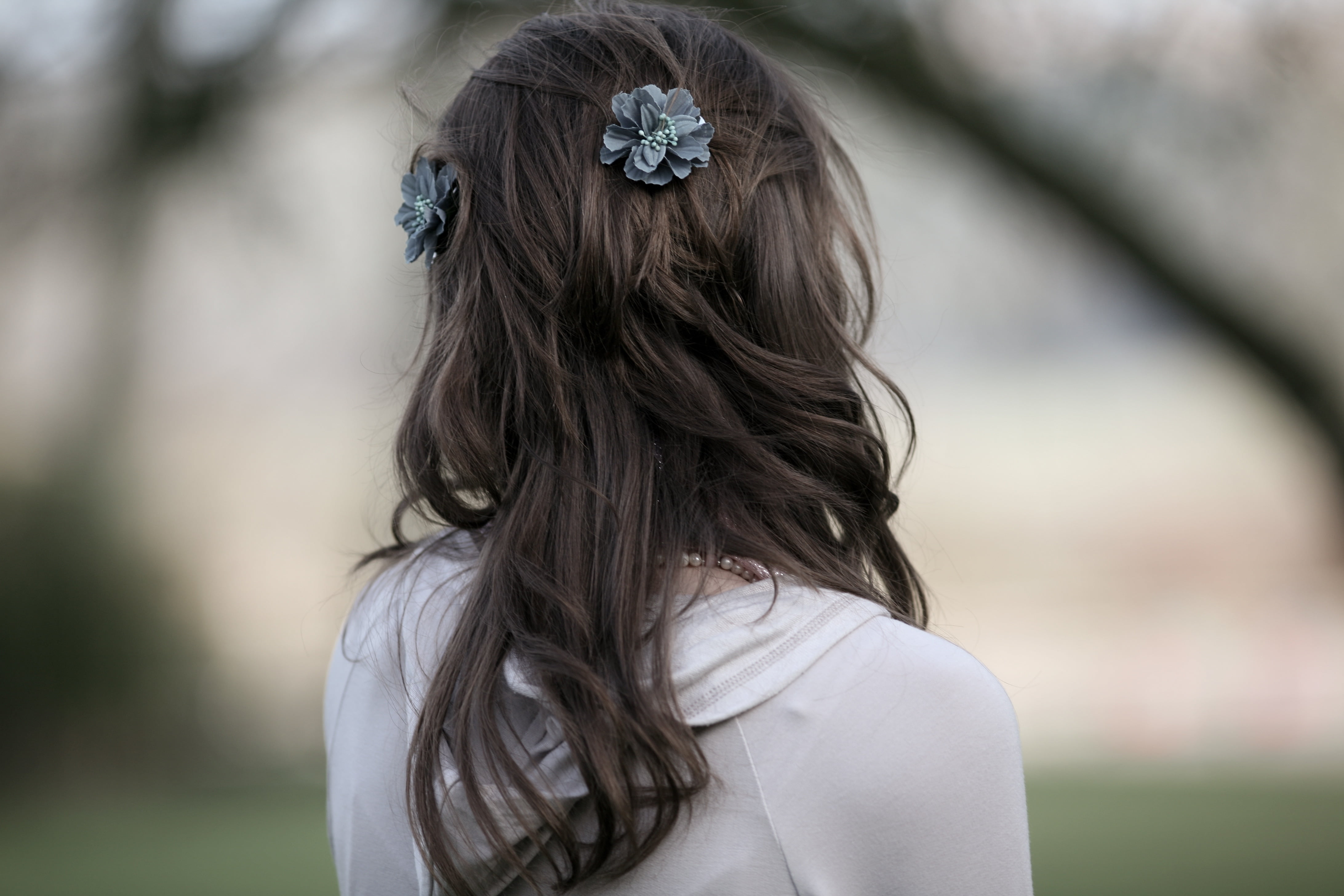 observation, one Person, real people, silence, females, girl, back, lifestyles, 4K, women, portrait, day, people, fashion, brown Hair, calm, wearing flowers, HD Wallpaper
