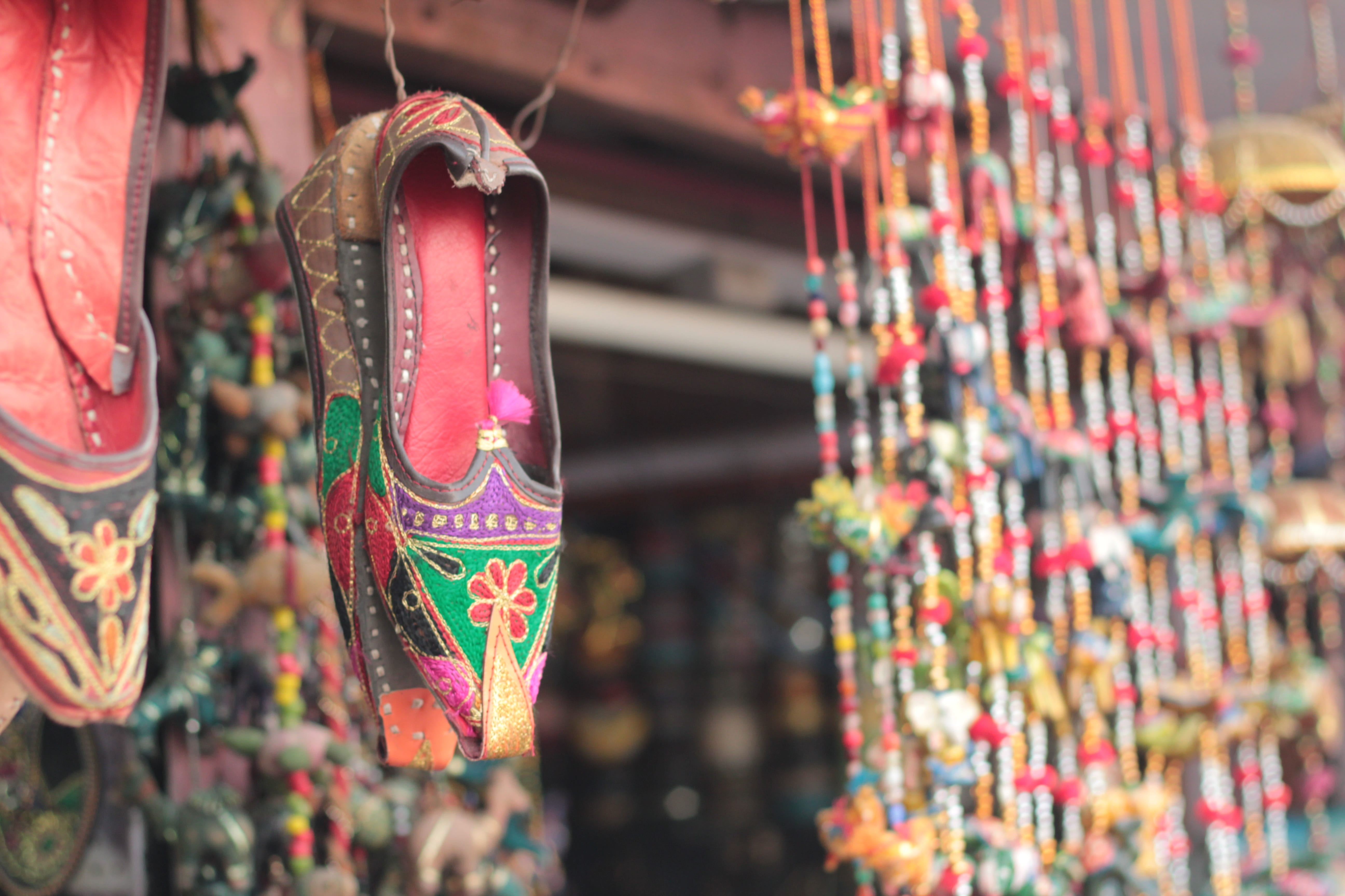 culture, multi colored, art and craft, colorful, day, small business, foot wear, no people, cultural, shoe, 5K, store, style, traditional, asia, choice, HD Wallpaper