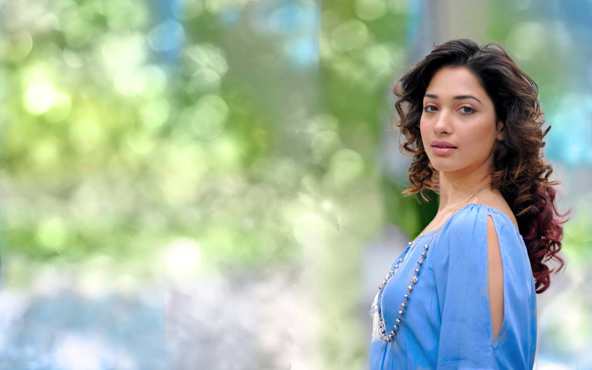 day, Actress, Actresses, young adult, 1080P, Bollywood, nature, women, Tamannaah Bhatia, beauty, long hair, standing, Brunette, plant, looking at camera, HD Wallpaper