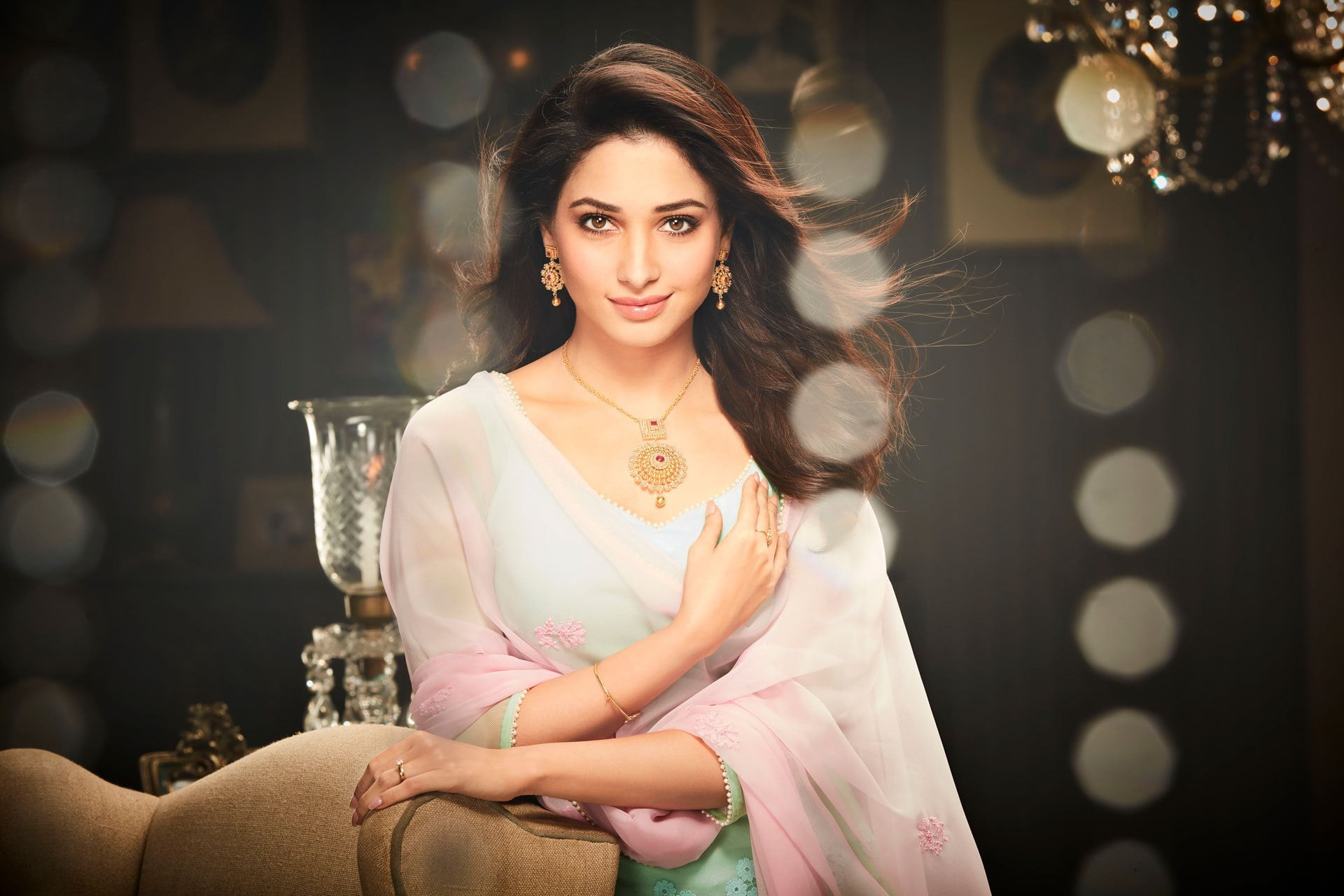 women, indian model, studio, red lipstick, Tamannaah Bhatia, model, necklace, saree, 1080P, actress, HD Wallpaper