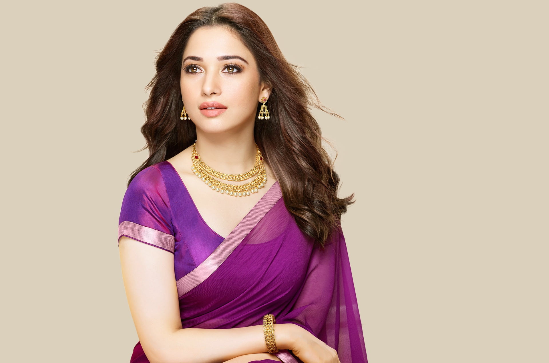 1080P, necklace, indian model, Indian makeup, model, studio, bangles, actress, women, red lipstick, saree, Tamannaah Bhatia, Bollywood actresses, HD Wallpaper