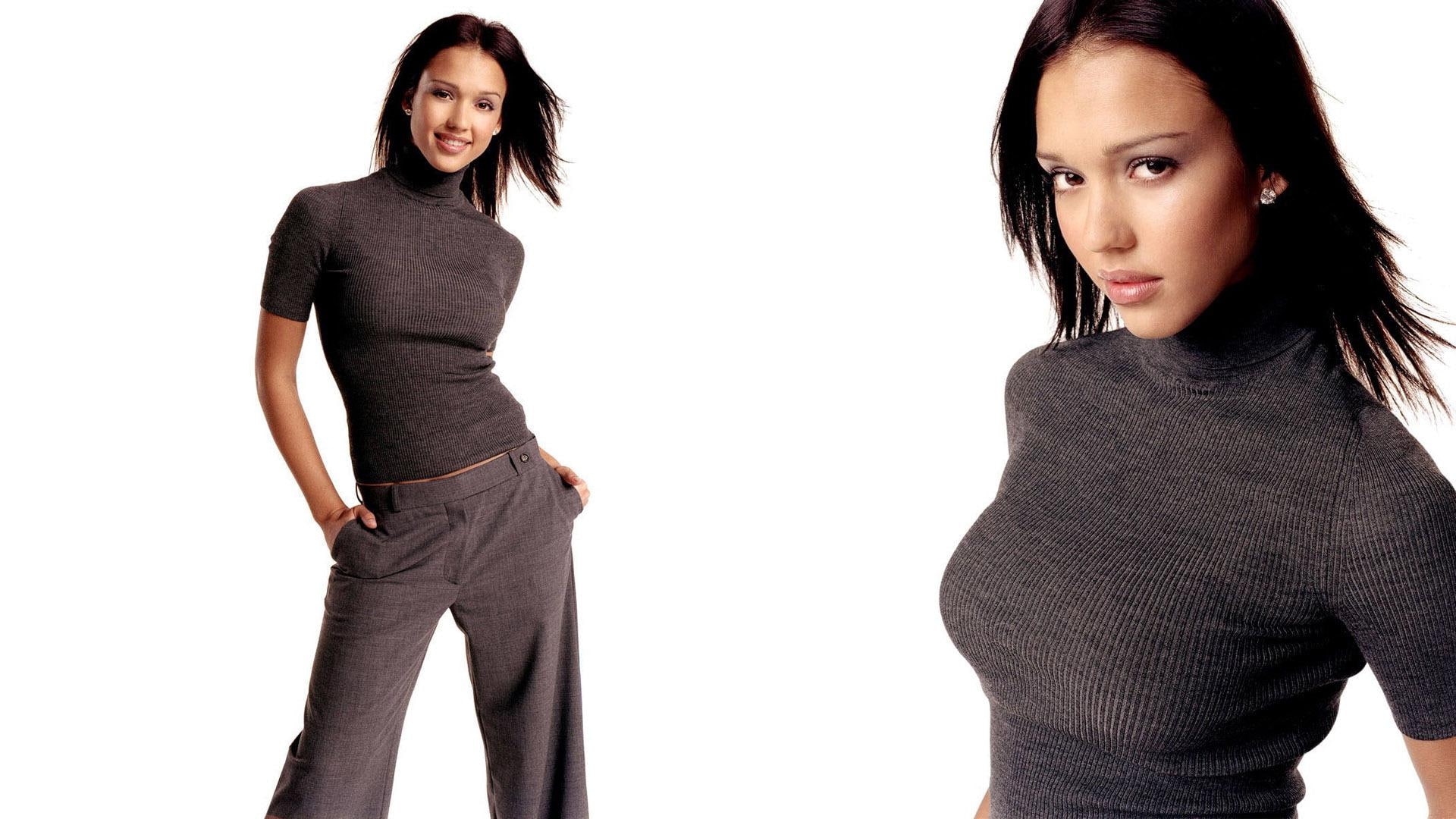 t, neck, jessica, 1080P, black, celebrities, 1920x1080, pants, shirt, turtle, outfit, grey, women, jessica alba, dress, alba, s, HD Wallpaper