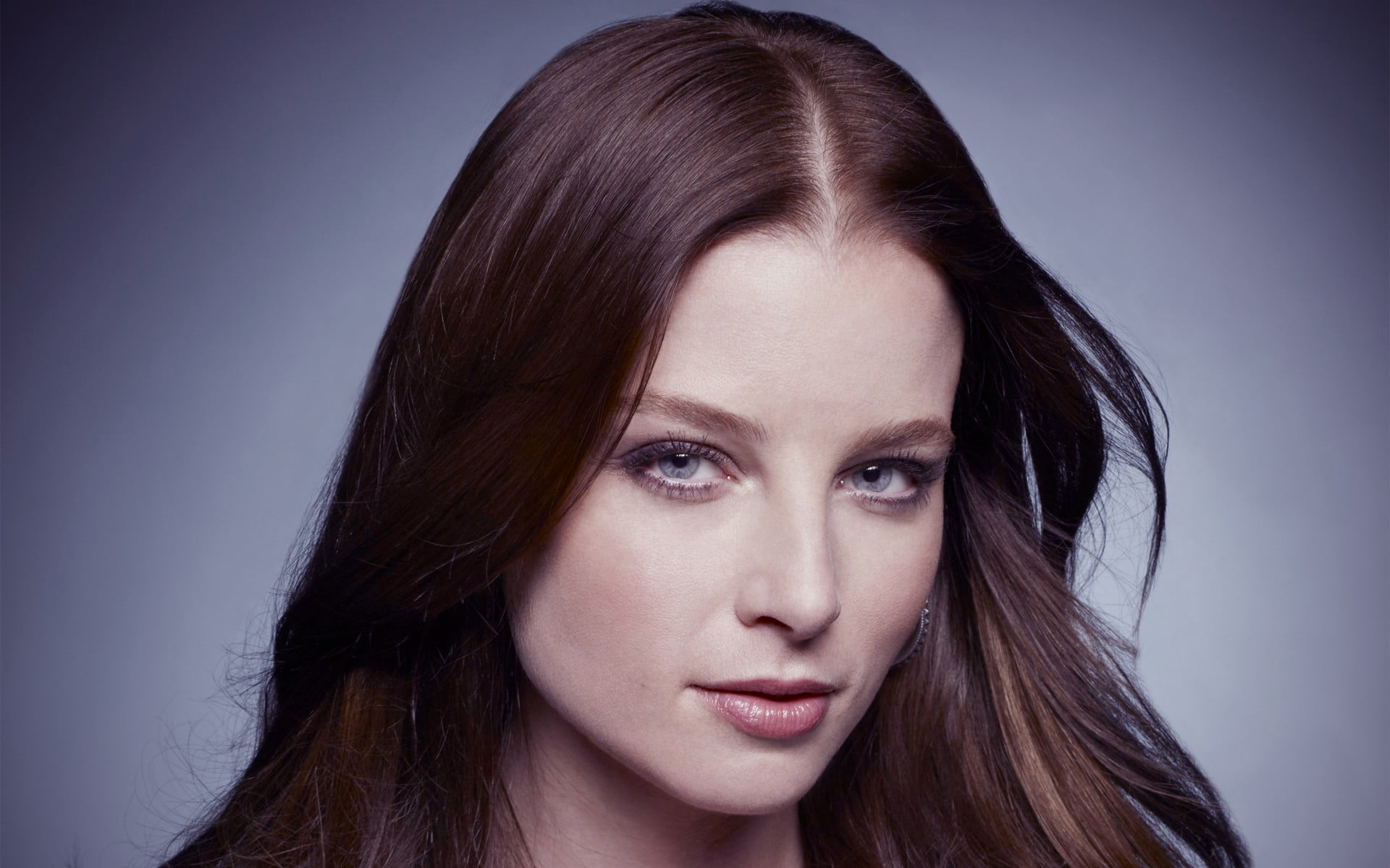 gray, long hair, hairstyle, Rachel Nichols, beauty, gray background, brunette, actress, 1080P, beautiful woman, one person, looking at camera, human face, HD Wallpaper